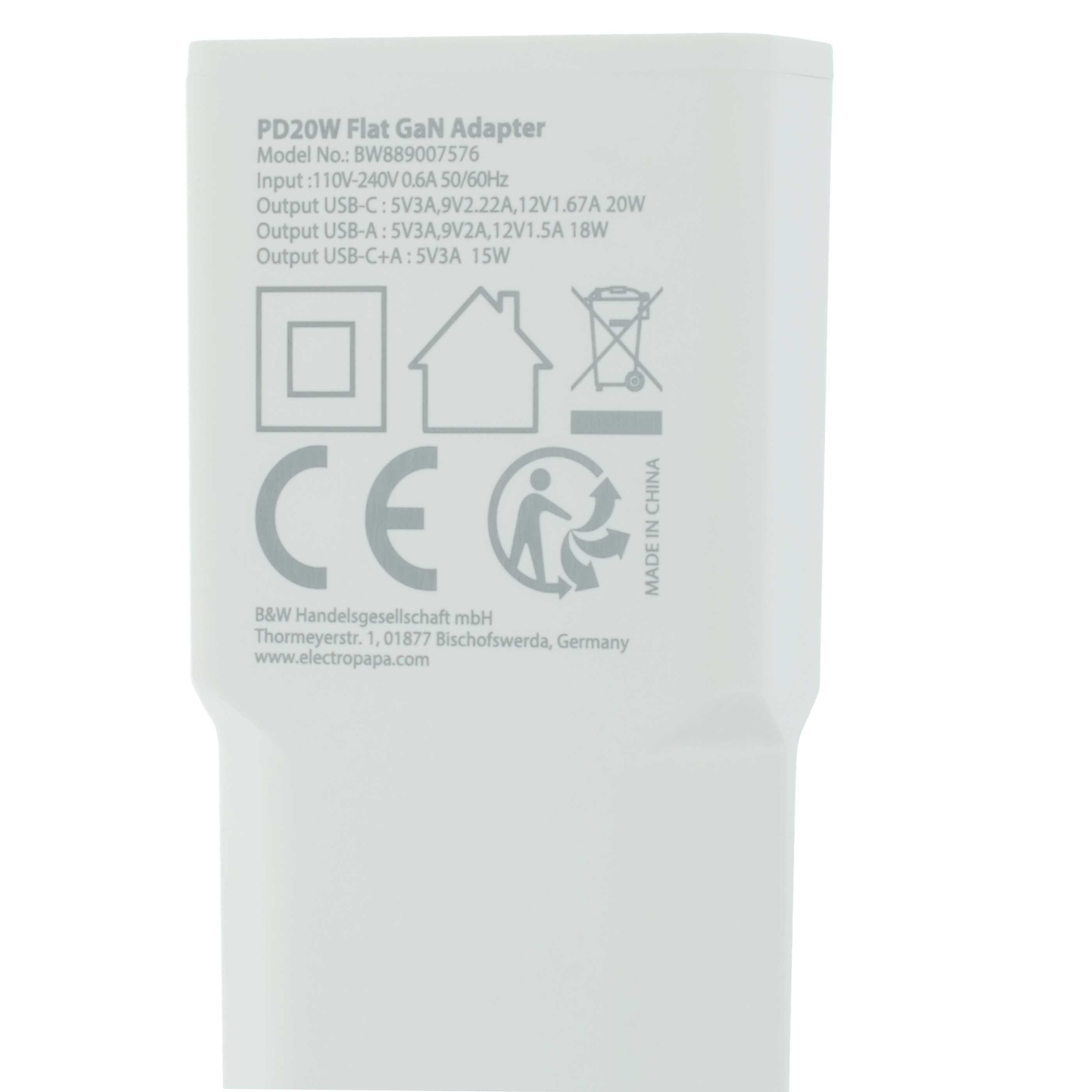 Ein weißer PD20W GaN-Adapter mit technischen Daten und Symbolen.