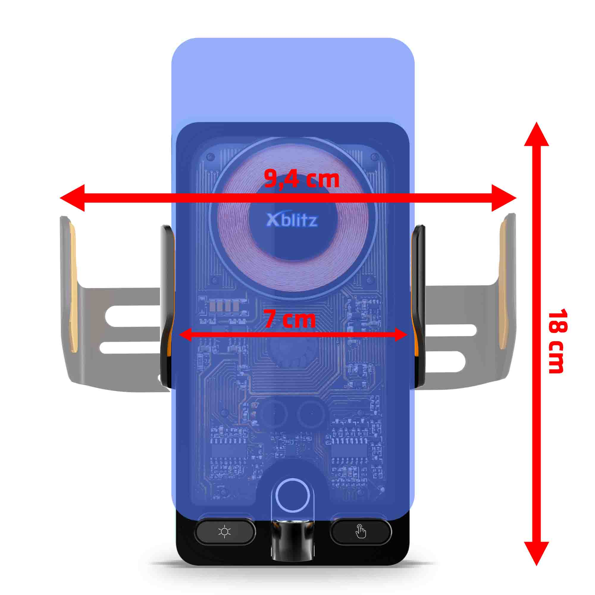 Uchwyt na smartfona z funkcją ładowania ma 18cm wysokości x 9,4cm szerokości.