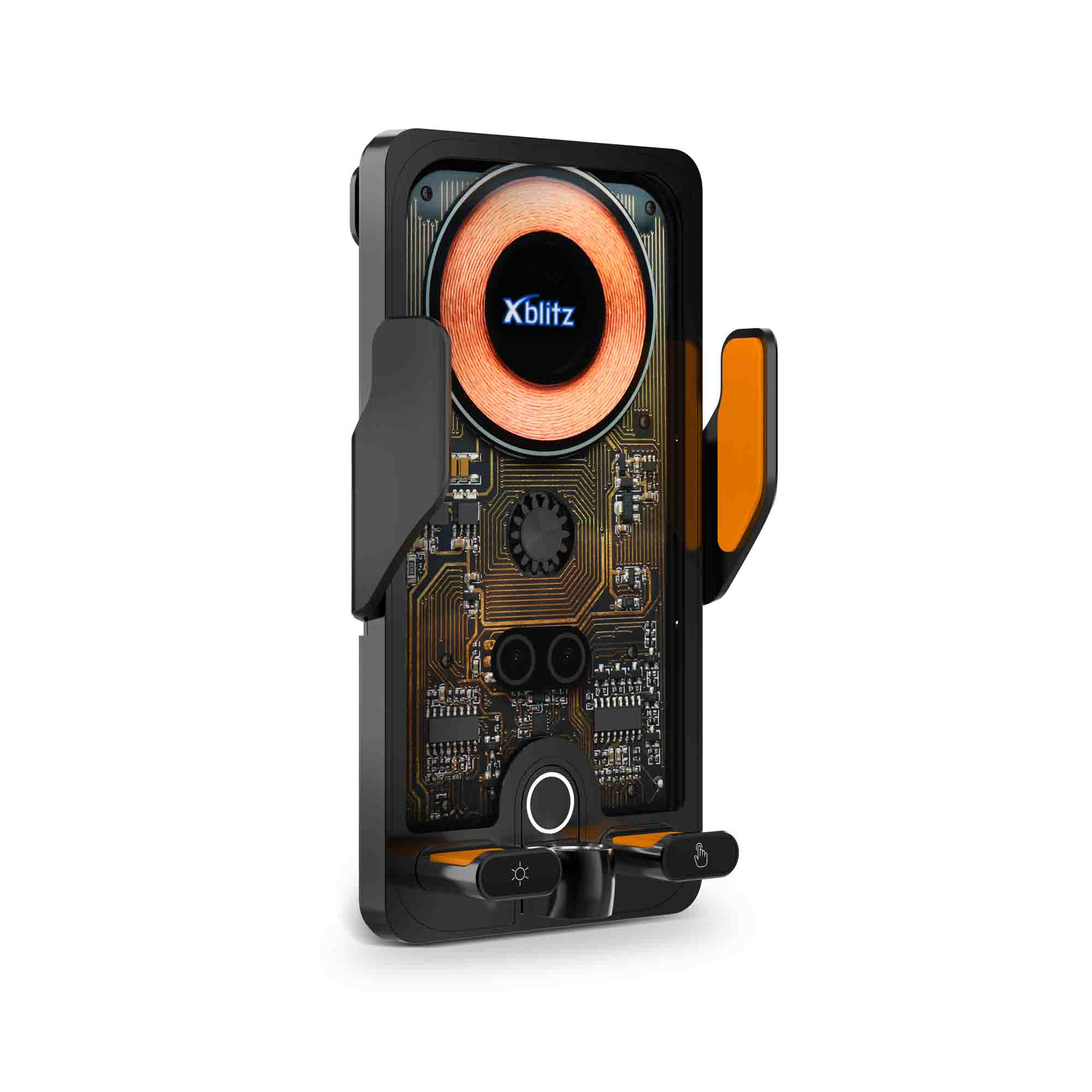 Czarny uchwyt na telefon z widoczną płytką drukowaną, cewką i pomarańczowymi akcentami.