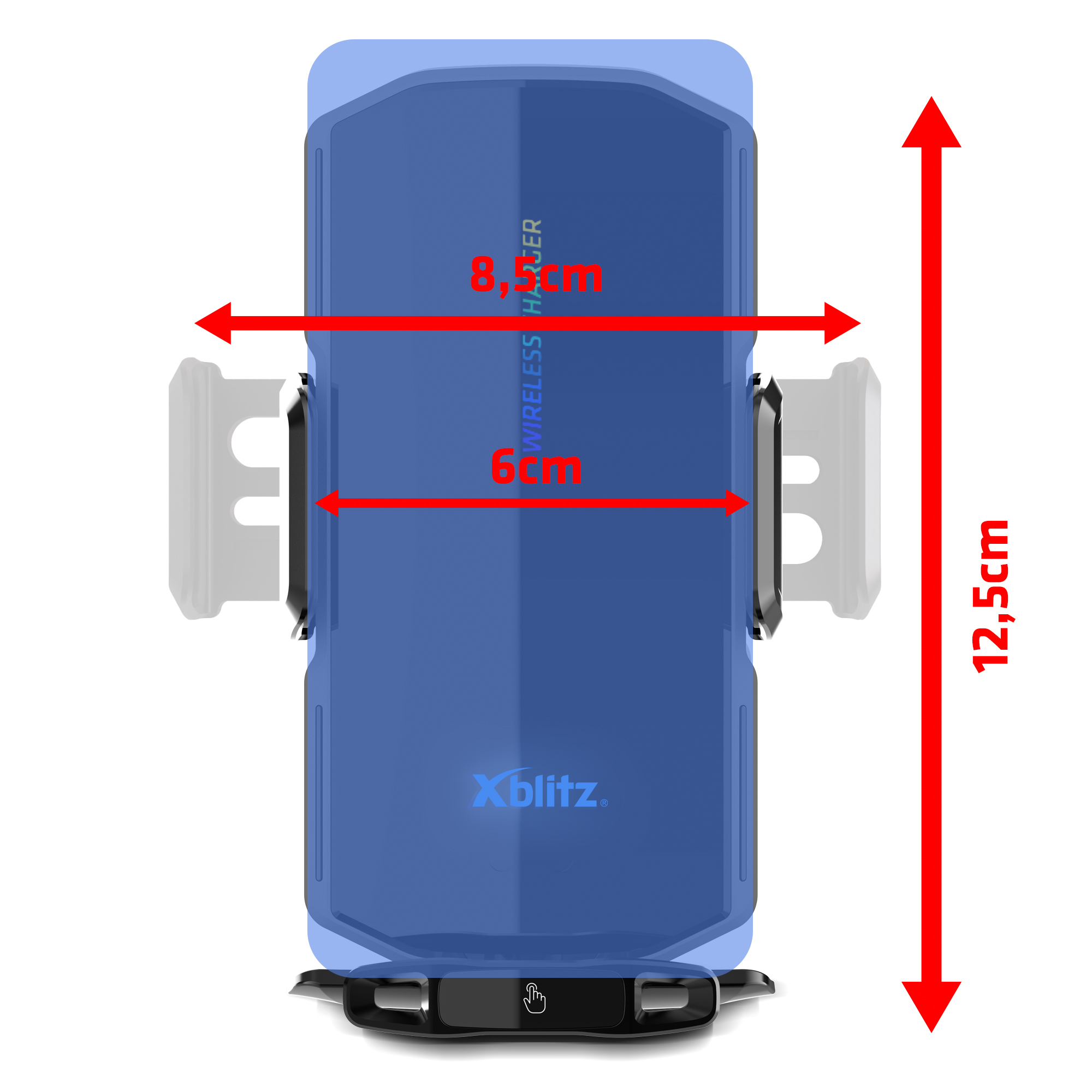 Niebieska ładowarka bezprzewodowa wymiary: szerokość 8,5 cm, głębokość 6 cm, wysokość 12,5 cm.