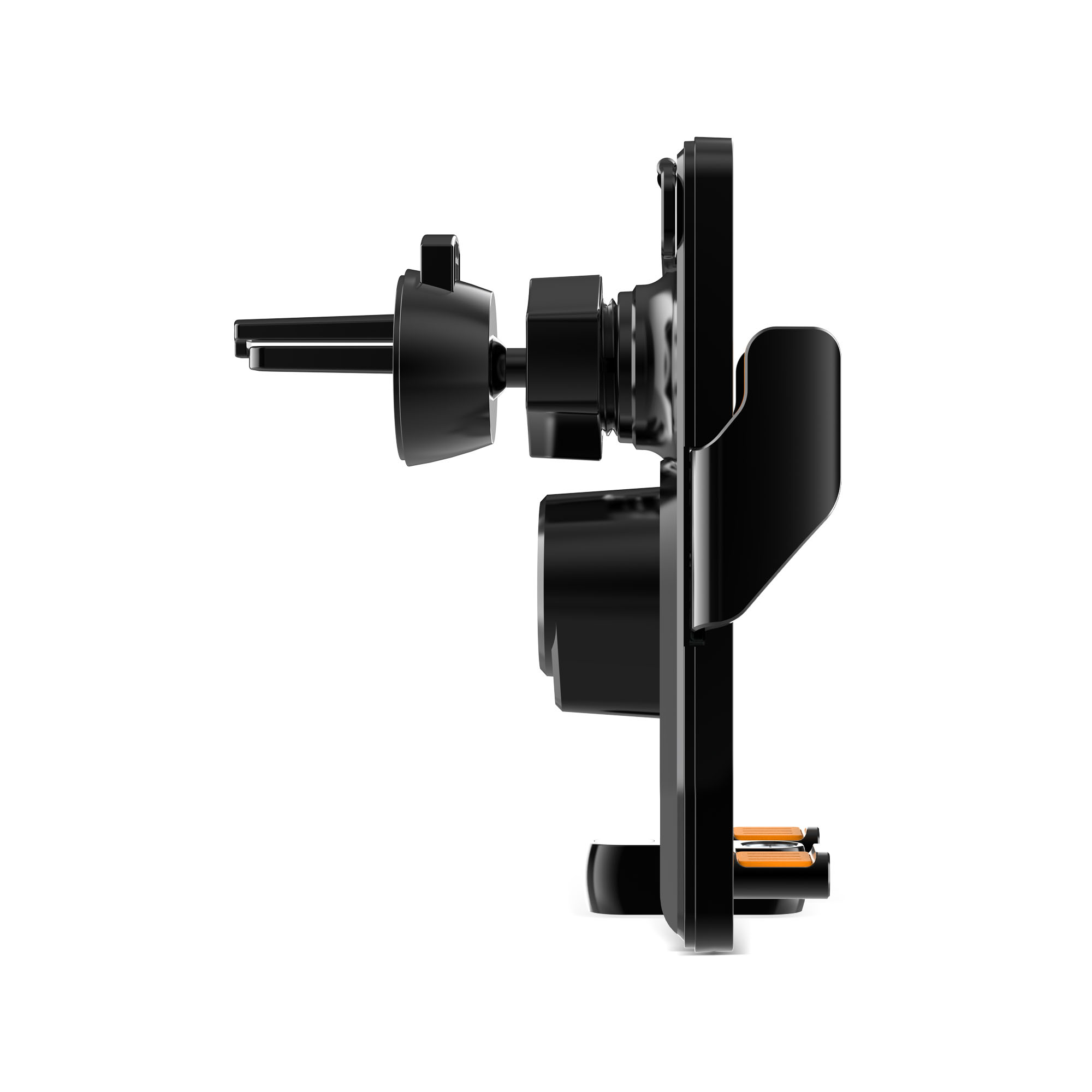 Czarny uchwyt na telefon do kratki nawiewu z pomarańczowymi ramionami.