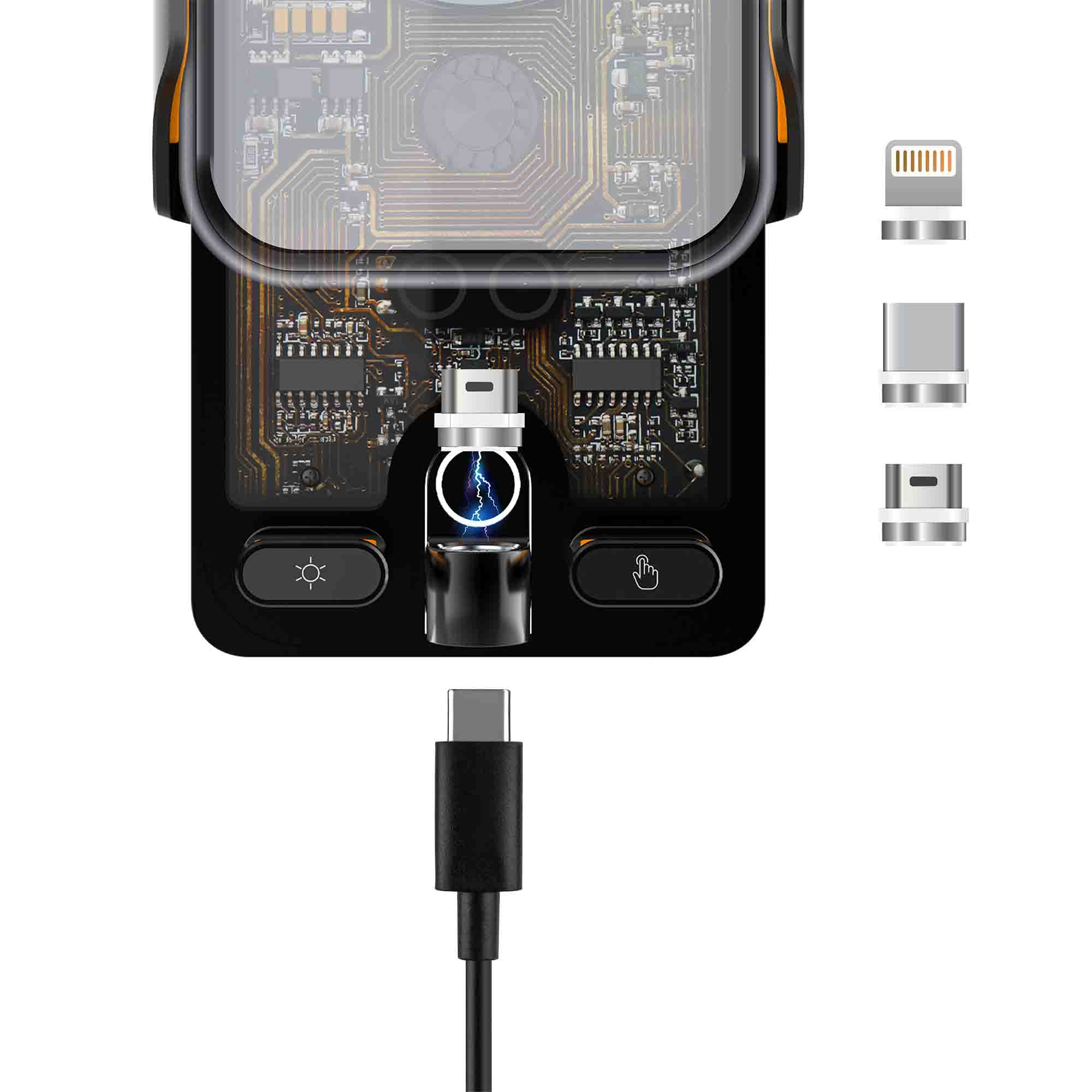 Kabel USB-C łączy się z magnetycznym adapterem widocznym w przezroczystej obudowie z płytkami drukowanymi.