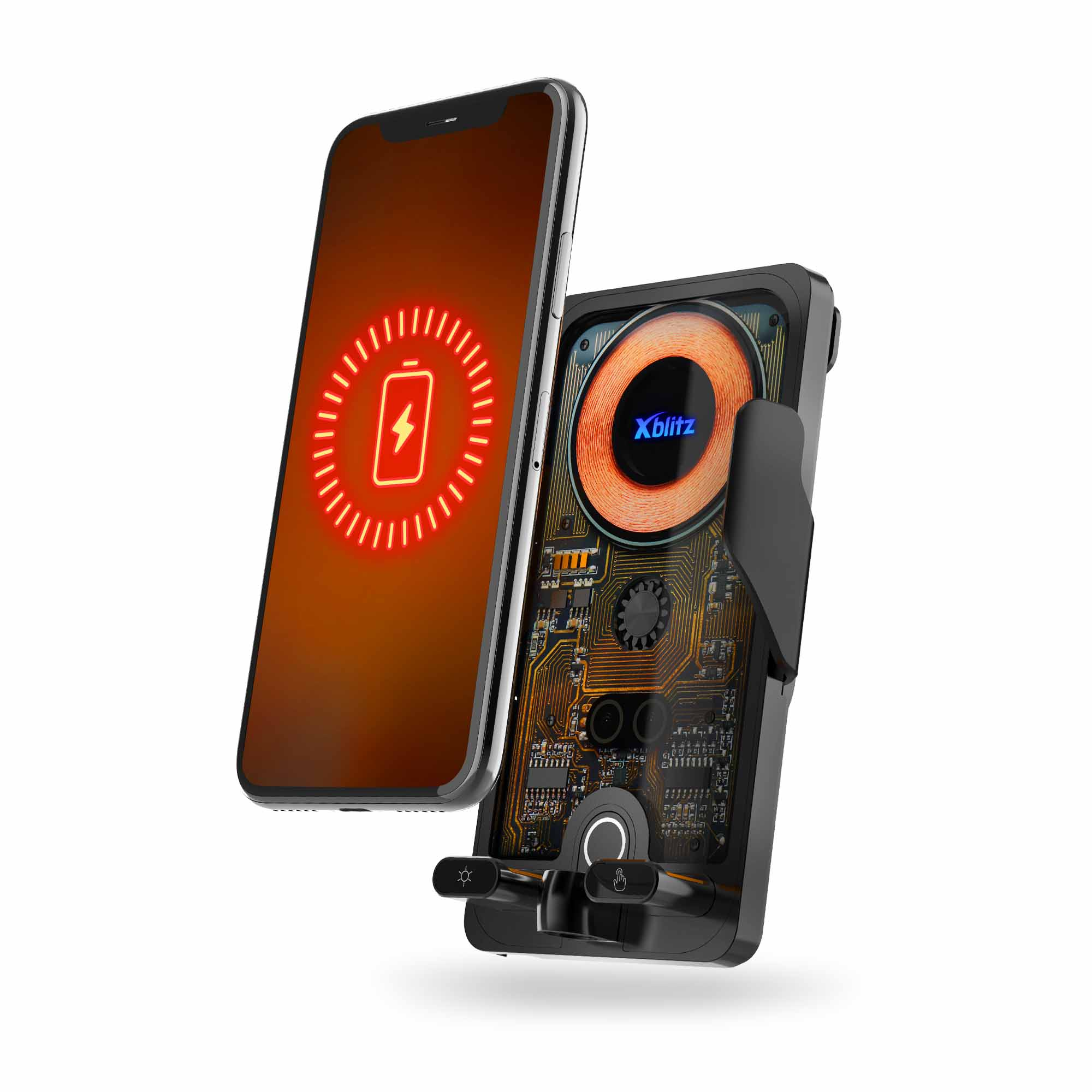 Smartfon ładuje się bezprzewodowo, z czerwonym symbolem baterii i widocznymi obwodami.