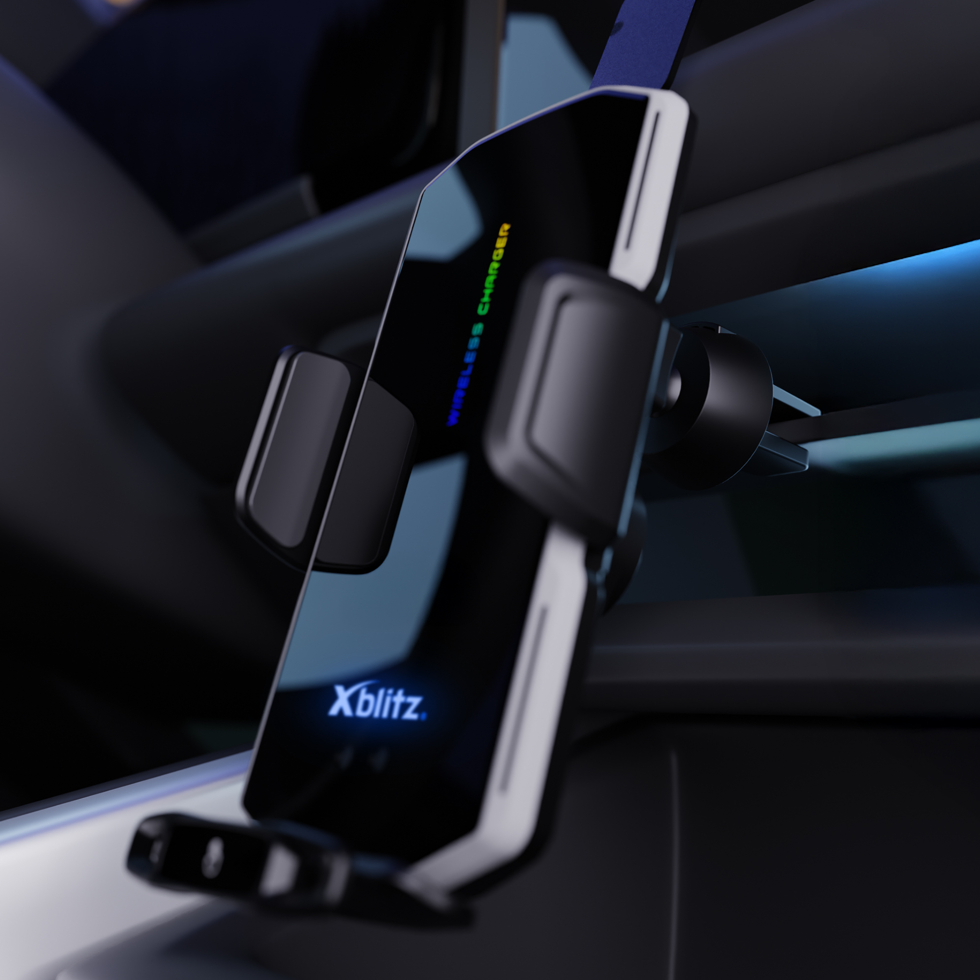 Czarny uchwyt na telefon ze smartfonem ładującym się w samochodzie.