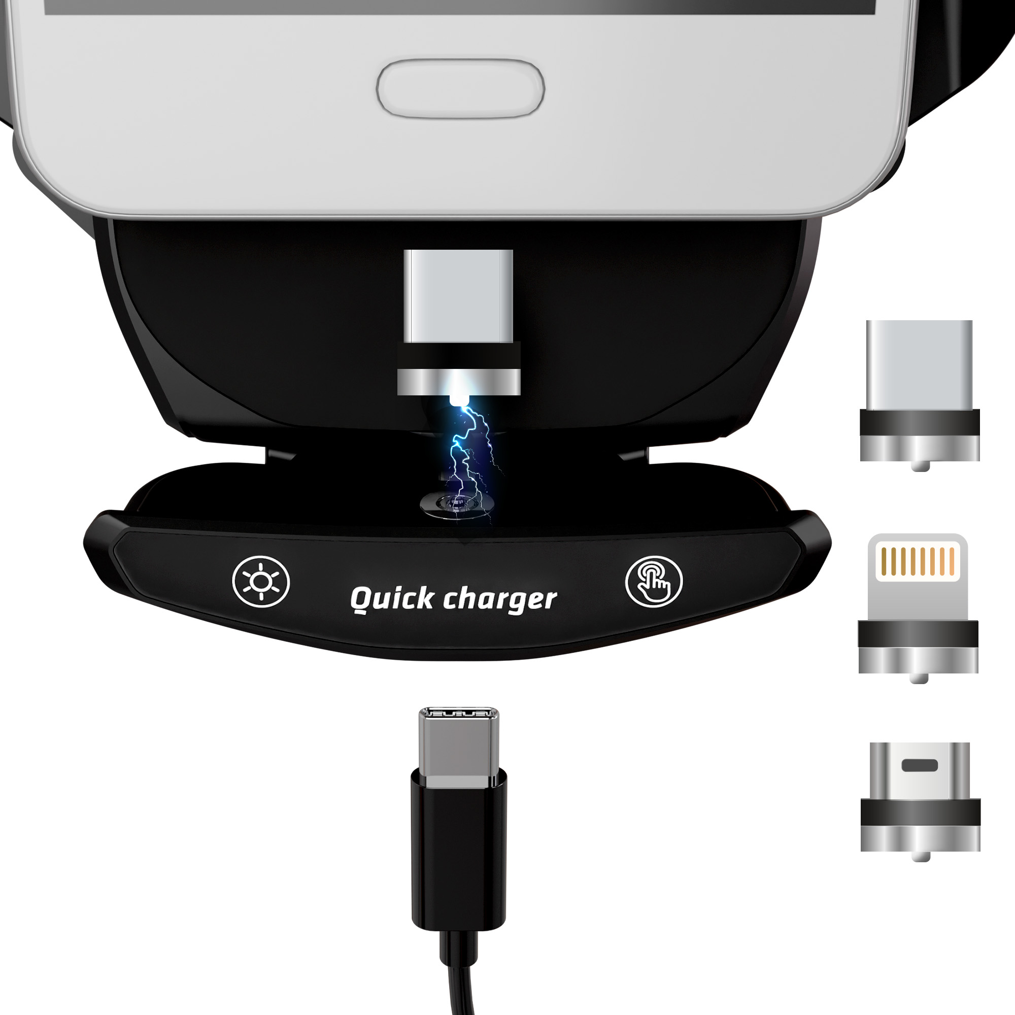 Telefon ładuje się magnetycznie, obok różne adaptery.