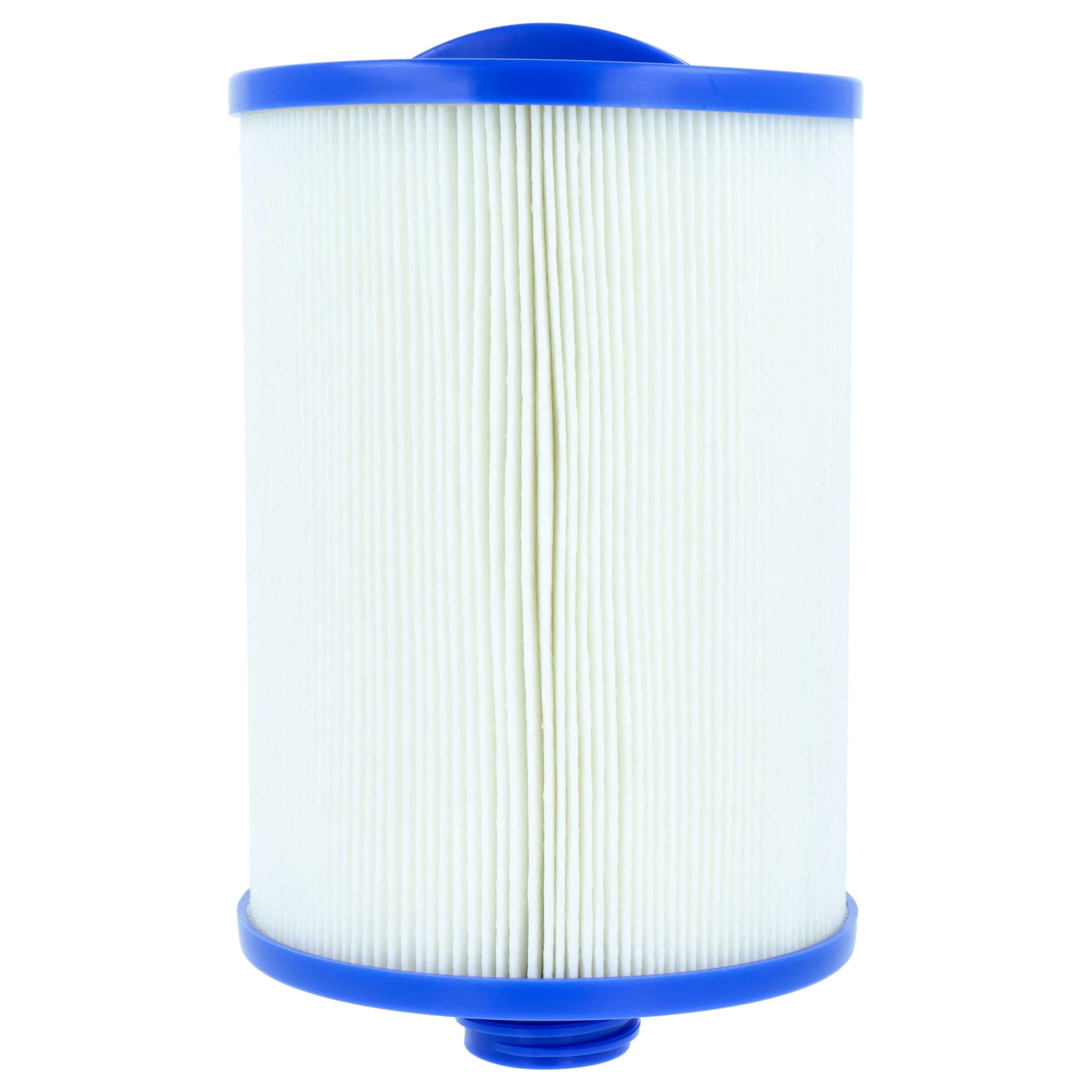Ein weißer Filter mit blauen Kappen oben und unten, auf weißem Hintergrund.