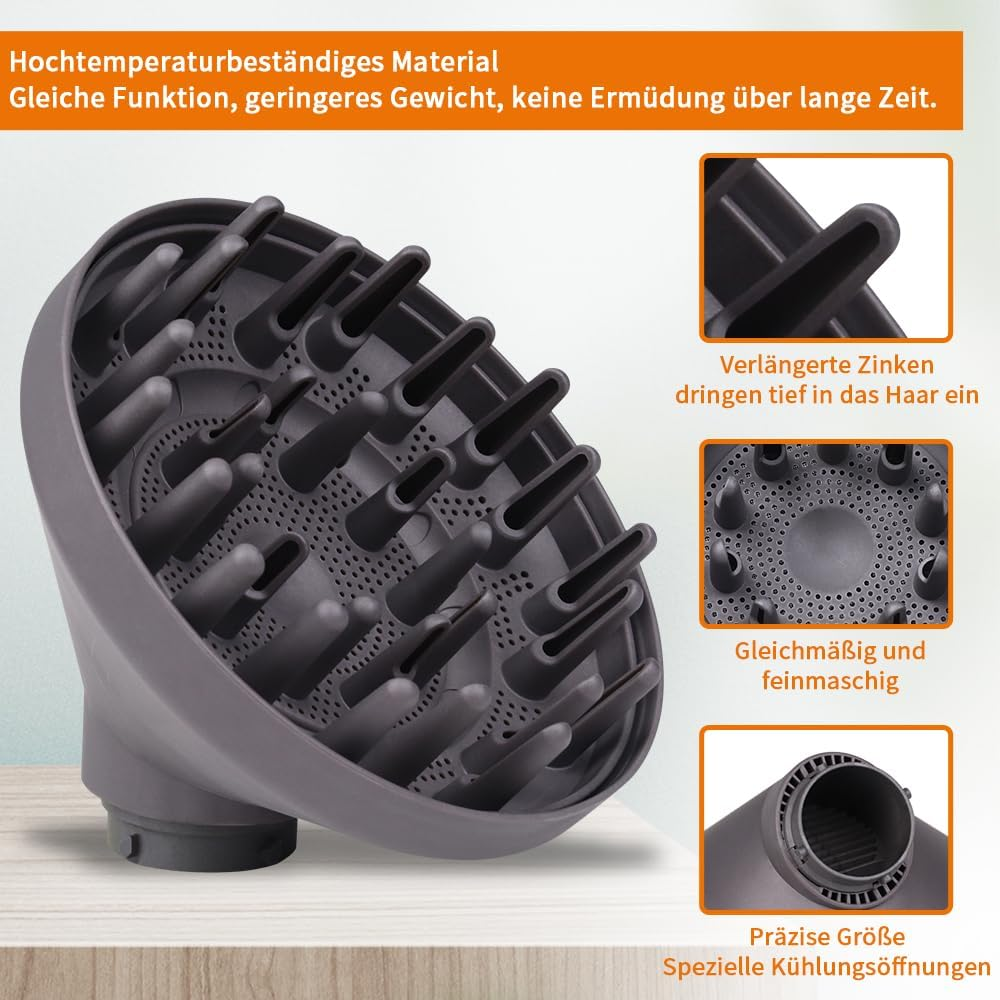 Ein grauer Diffusoraufsatz für einen Haartrockner mit langen Zinken.