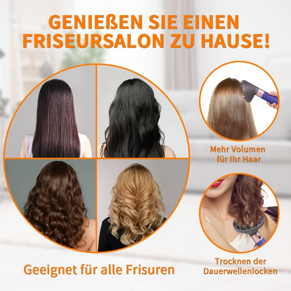 Vier Frisuren: glatt, schwarz, voluminös und lockig. Haartrockner-Aufsätze.