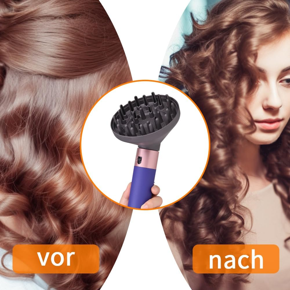 Vorher-Nachher-Bild: Lockiges Haar mit Diffusor-Aufsatz für Haartrockner.