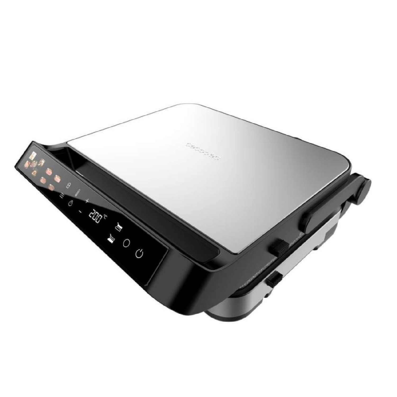 Una bistecchiera chiusa, argento e nero con display digitale.