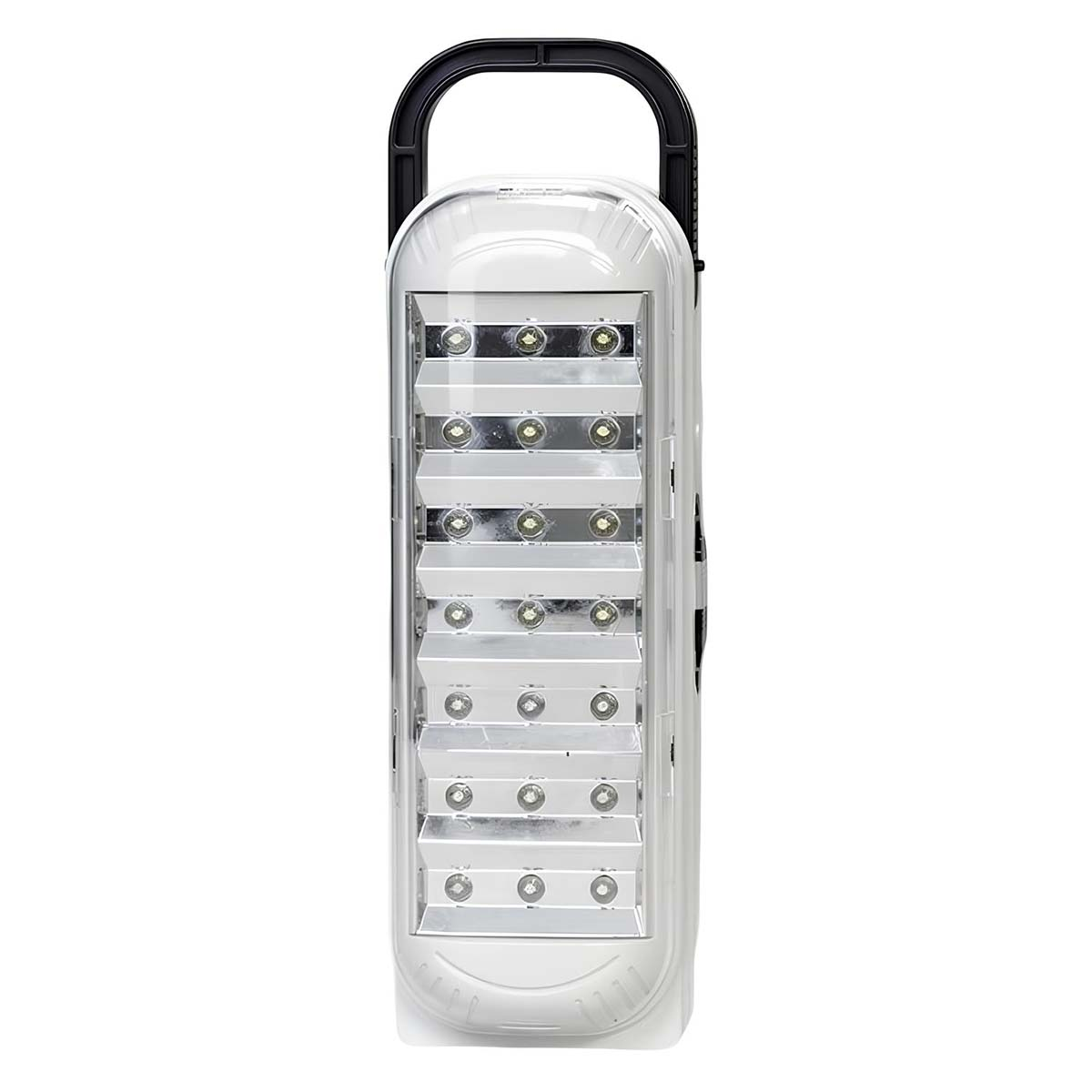 Weiße Notleuchte mit schwarzem Tragegriff und vielen LEDs.