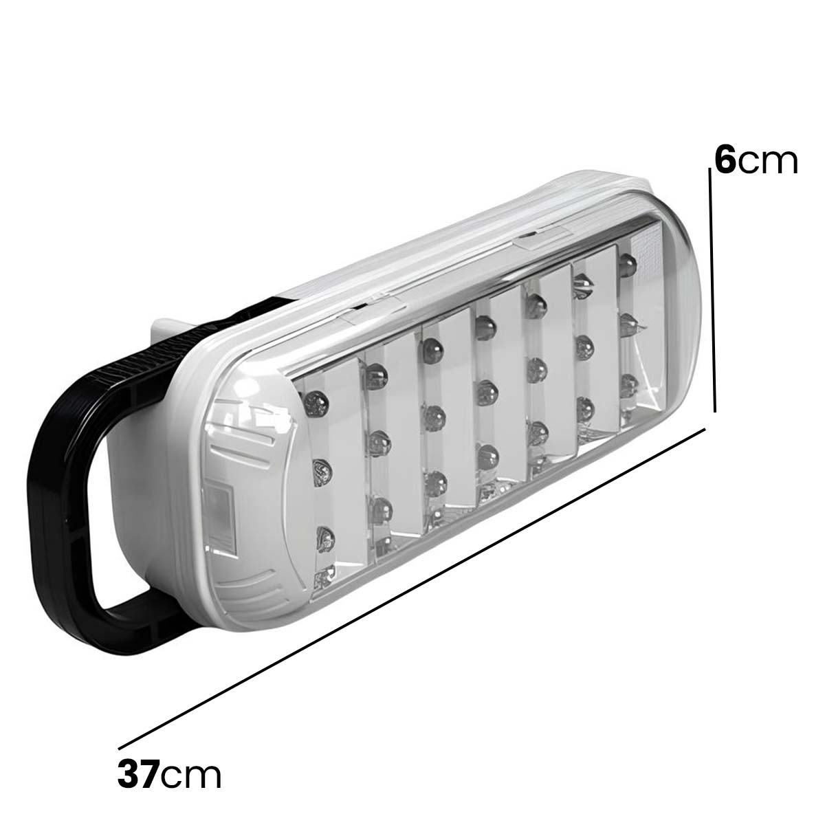 Ein weier Notfall-LED-Streifen mit schwarzem Griff, 37 cm lang und 6 cm breit.