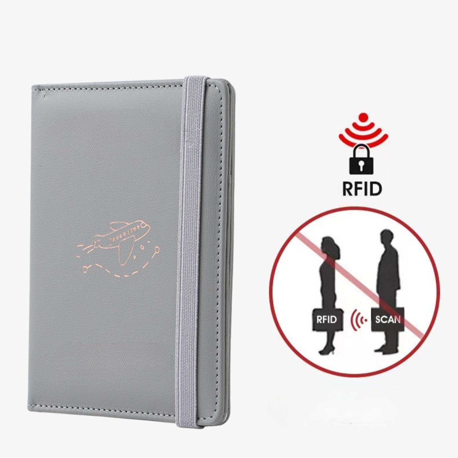 Graues Notizbuch mit RFID-Schutzsymbolen und Flugzeug-Design.