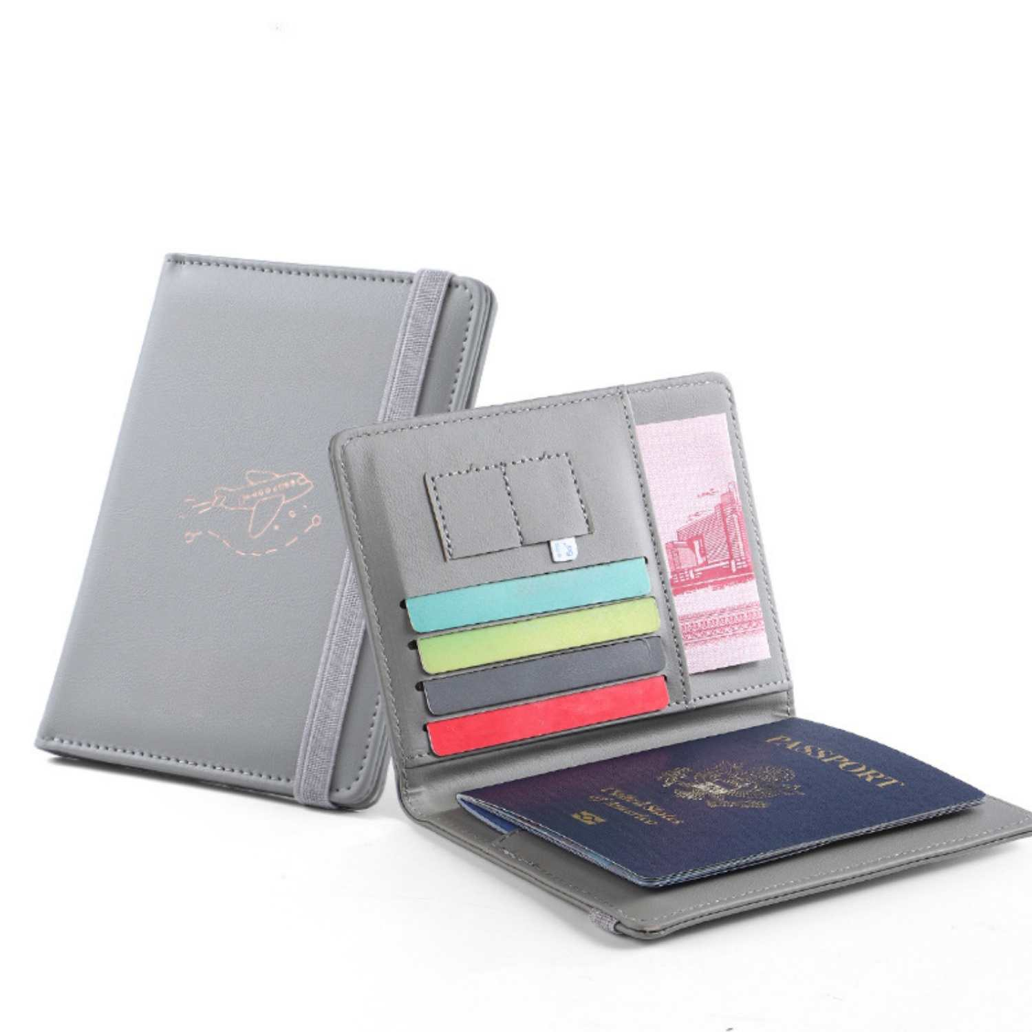 Graue Reisepasshülle mit Kartenfächern und einem US-Reisepass.