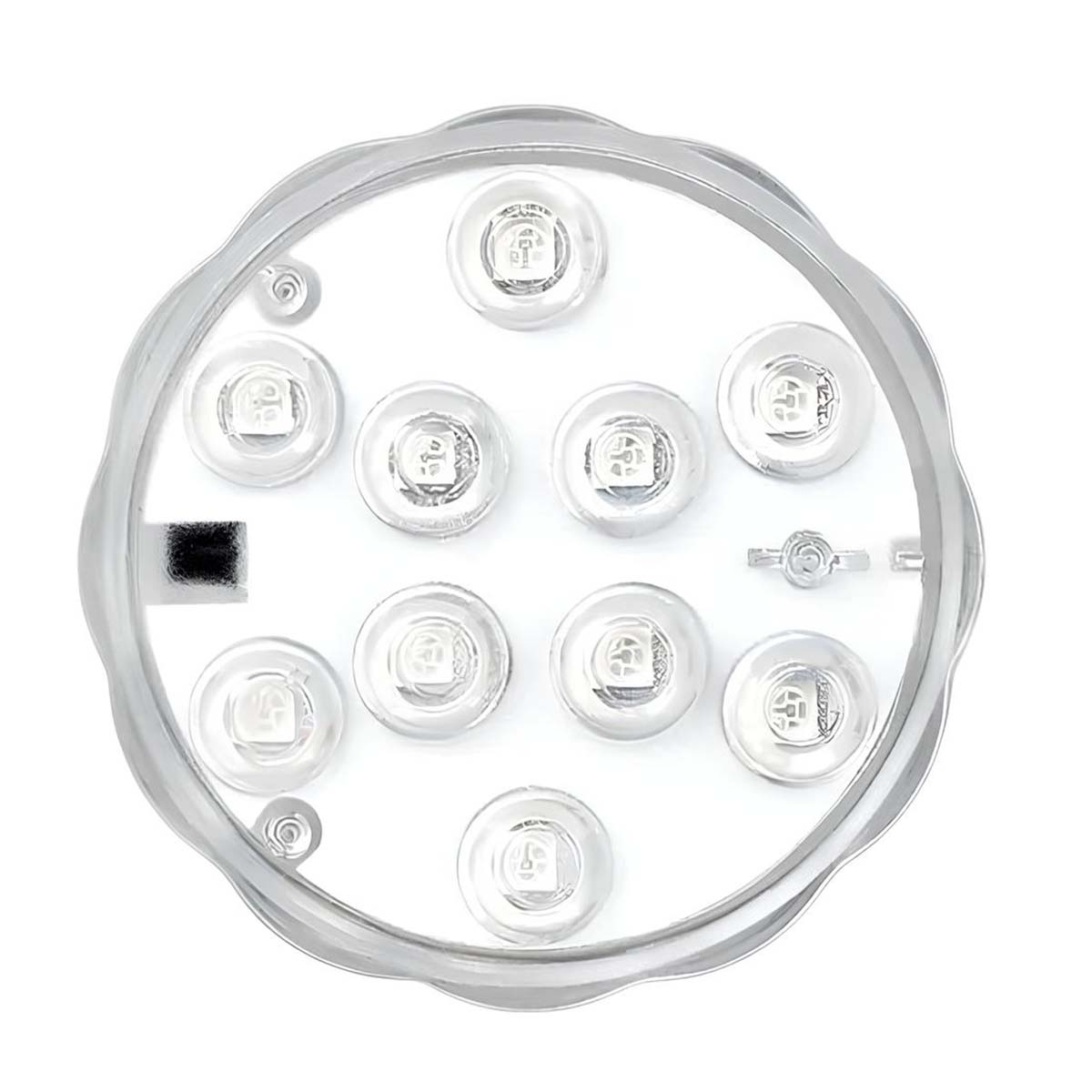 Una lámpara redonda con diez LEDs, rodeada por un marco plateado.