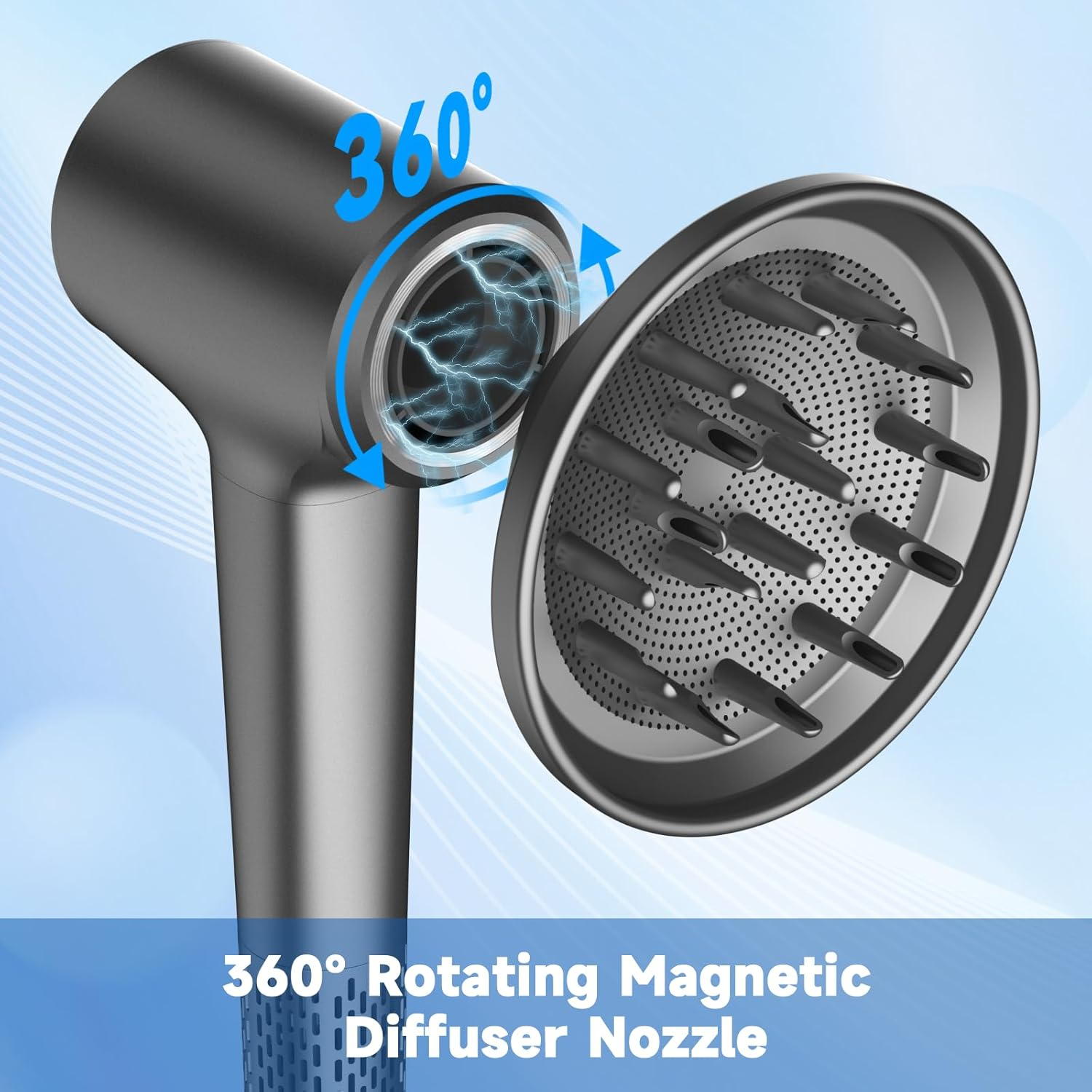 Grauer Haartrockner-Diffusor mit magnetischer 360°-Drehung.