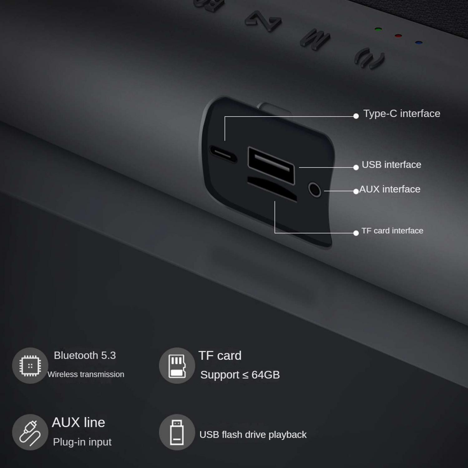 Gerät mit USB, Typ-C, AUX und TF-Kartensteckplätzen; Bluetooth 5.3.
