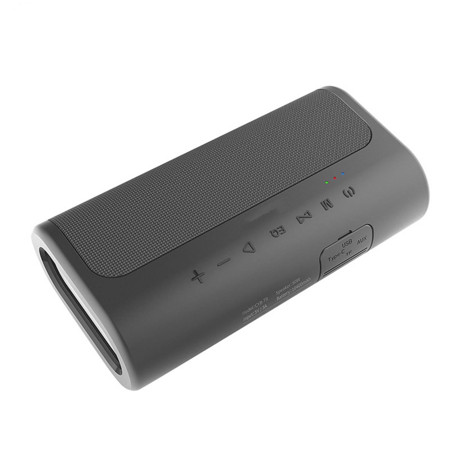 Ein grauer tragbarer Lautsprecher mit Tasten und Anschlüssen für USB, TF, AUX, Type-C.