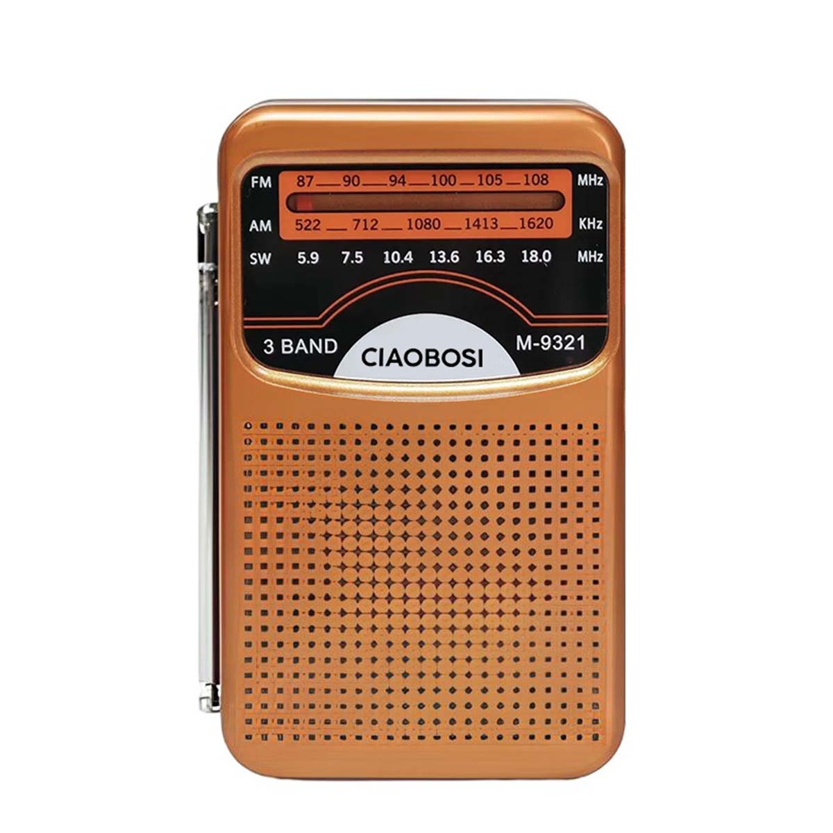 Ein orangefarbener 3-Band-Radio mit Senderanzeige und Lautsprechergitter.