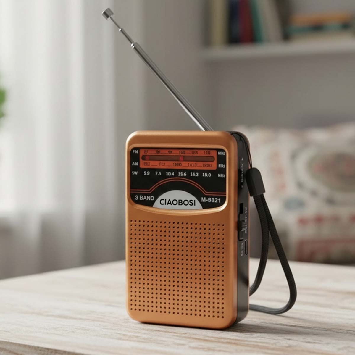 Ein kupferfarbenes Radio mit ausziehbarer Antenne auf einem Holztisch.
