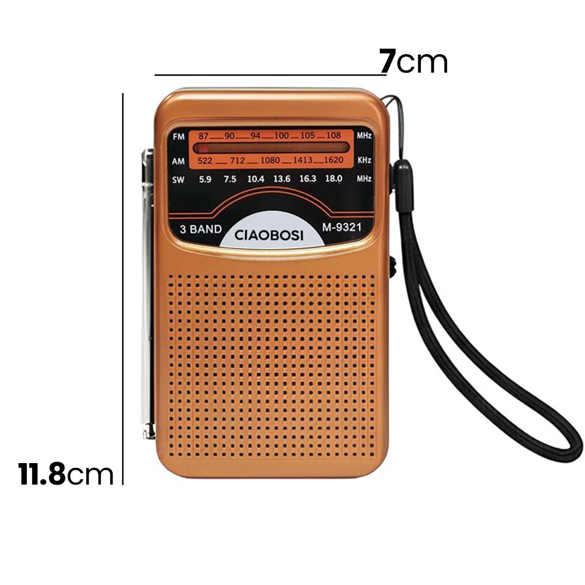 Ein kupferfarbenes tragbares Radio mit schwarzem Riemen. Maße 7cm x 11,8cm.