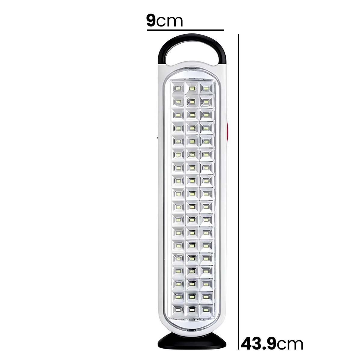 Lange weiße Lampe mit schwarzem Griff und LEDs. Maße: 43,9 cm hoch, 9 cm breit.