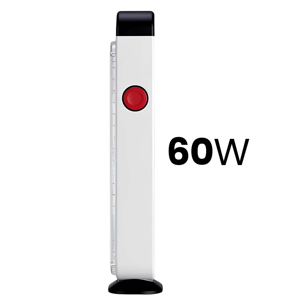 Ein weißer 60W-Strahler mit rotem Knopf und schwarzer Basis.