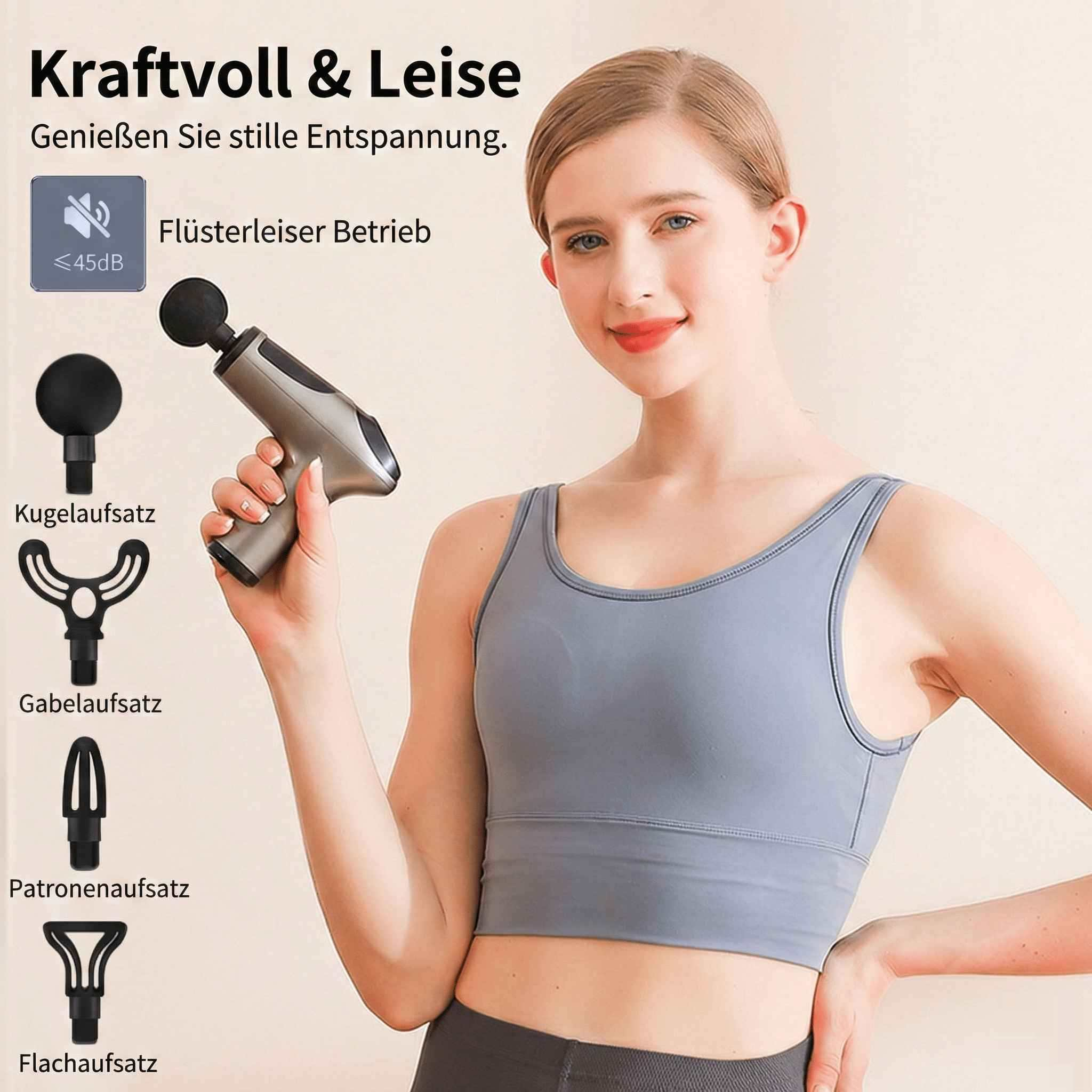 Frau hält Massagepistole mit Aufsätzen. Kraftvoll & Leise.