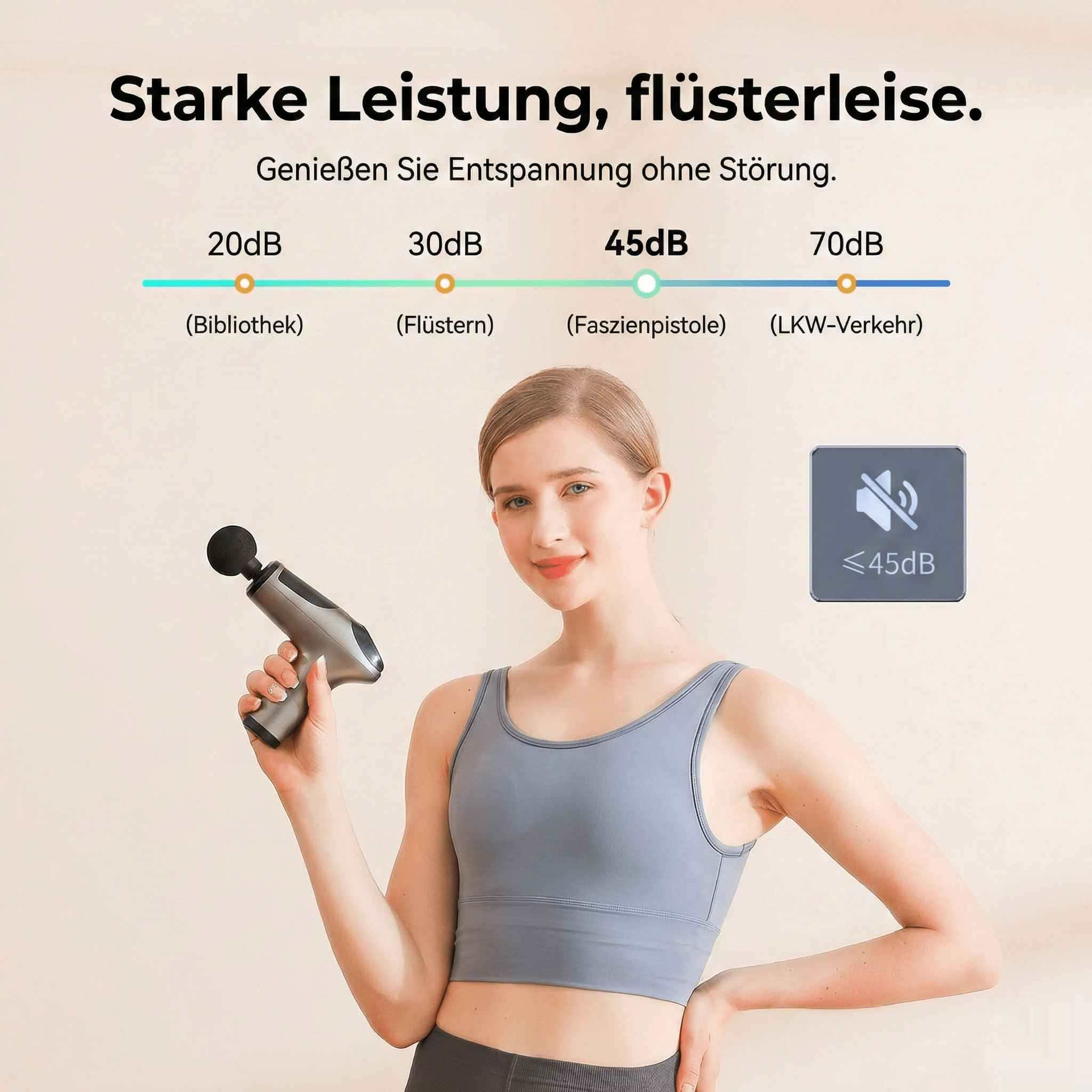 Frau hält Massagepistole. Pegel unter 45dB.