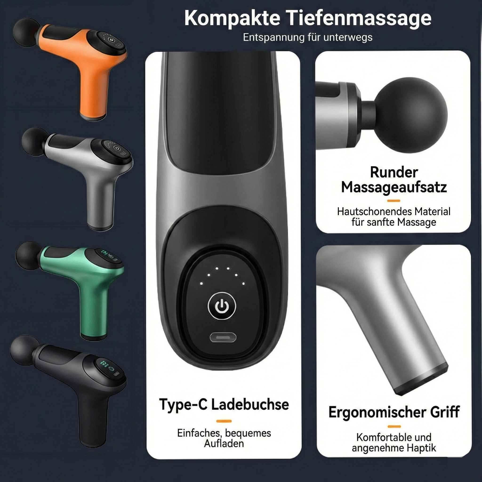 Mehrere Massagepistolen in verschiedenen Farben, Nahaufnahmen von Merkmalen.