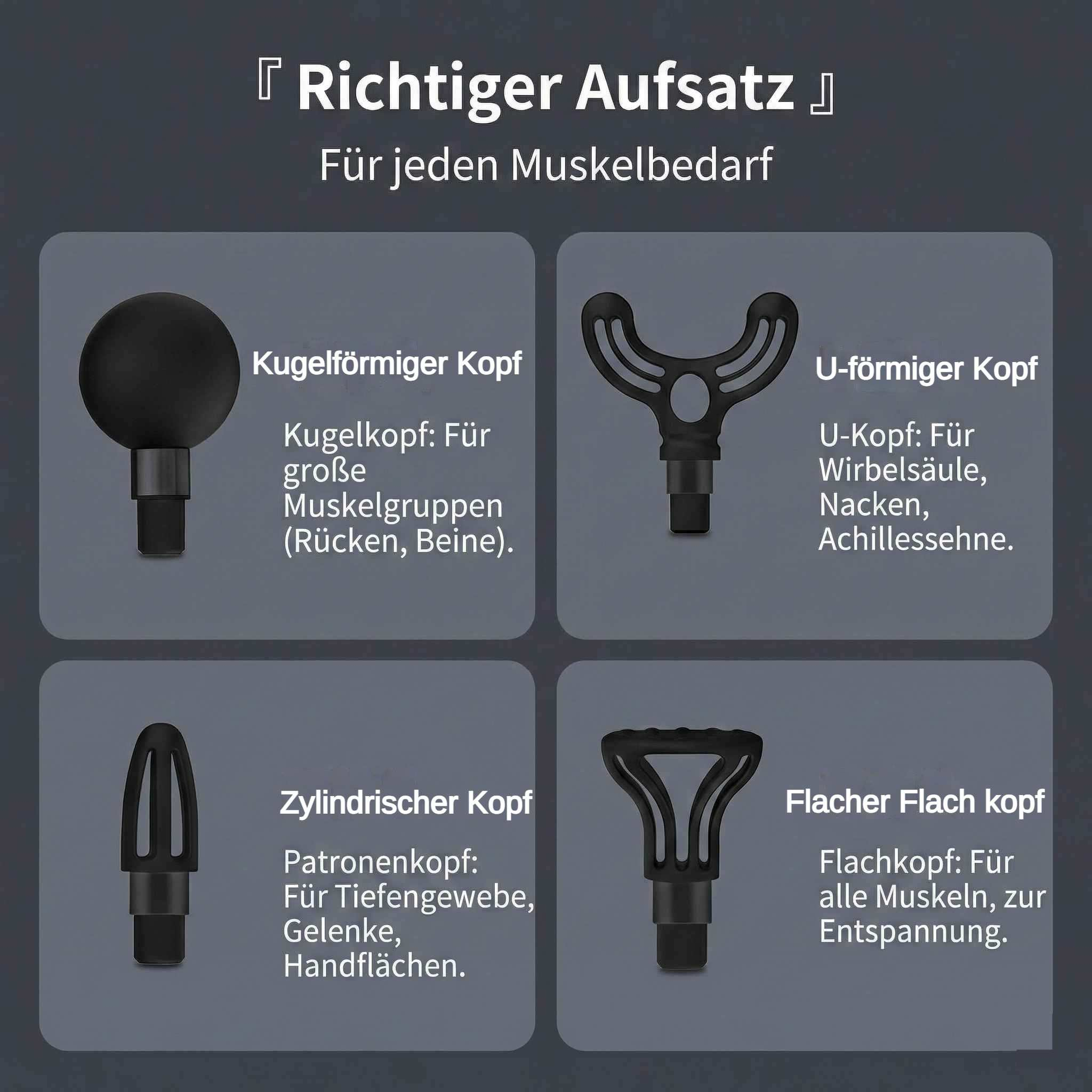 Vier Massageaufsätze: Kugelförmig, U-förmig, zylindrisch, flach.