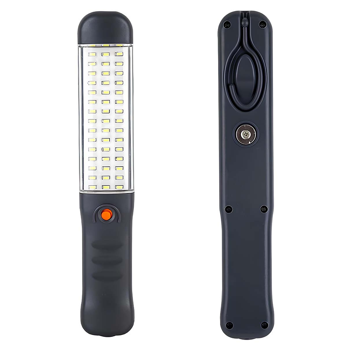 Zwei Arbeitsleuchten nebeneinander, eine mit LEDs, die andere mit Haken und Verriegelung.