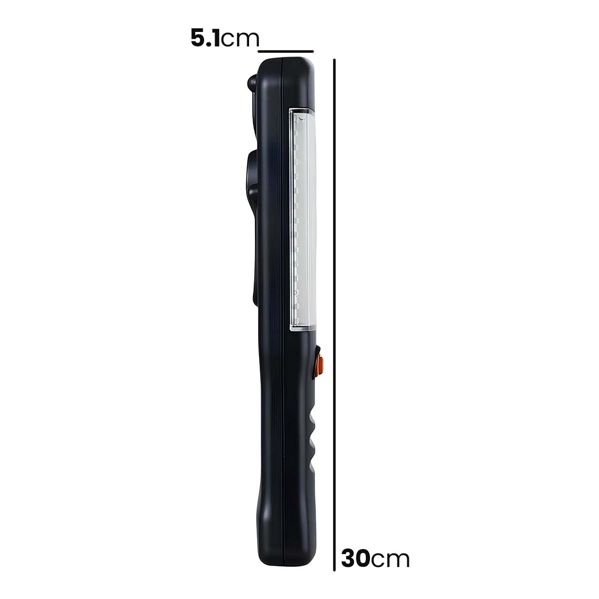 Schwarze Taschenlampe, 30cm lang, 5.1cm breit, mit orangem Knopf.