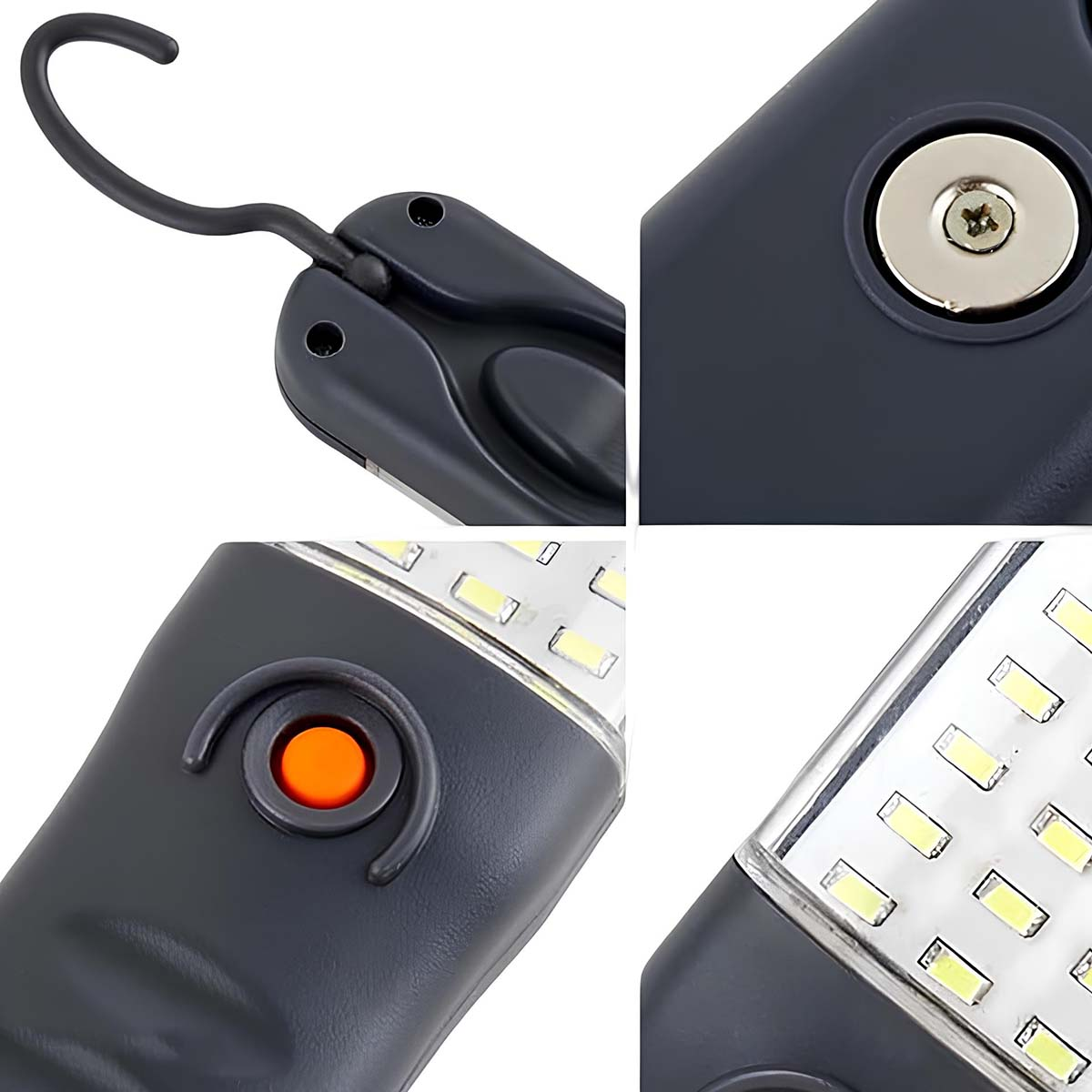Werkzeuglampe mit Haken, Magnet, orangefarbenem Knopf und LEDs.