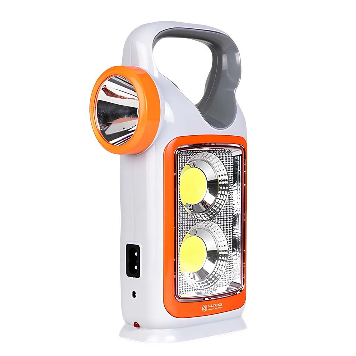 Weiße und orangefarbene LED-Taschenlampe mit Griff und zwei Leuchten.