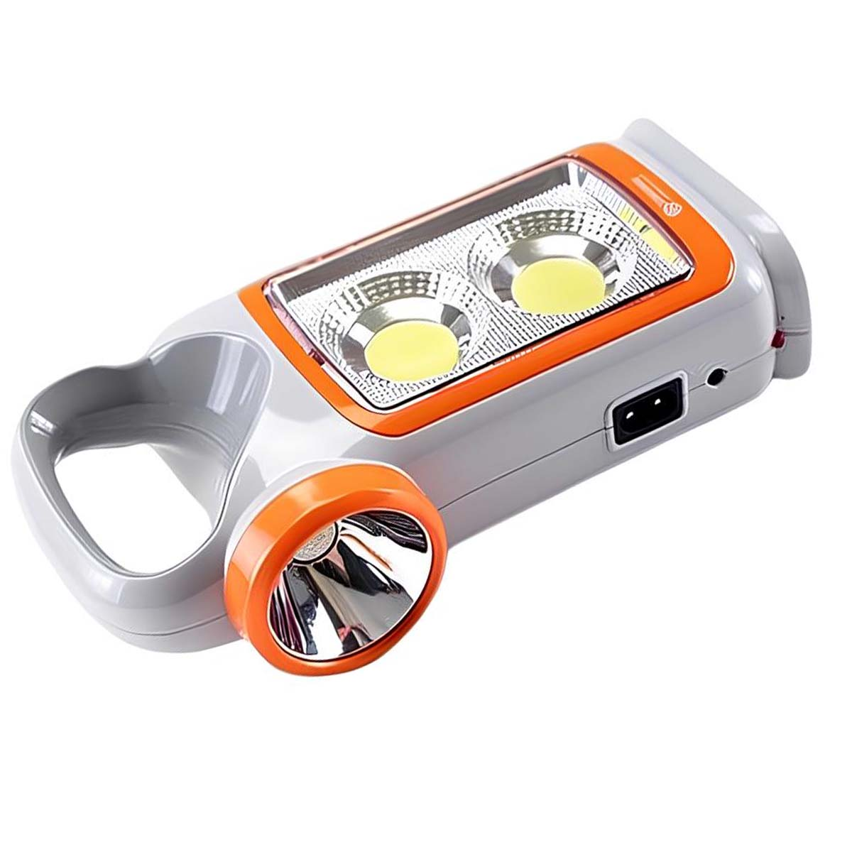 Eine graue und orange Taschenlampe mit zwei LED-Scheinwerfern und einem Frontlicht.