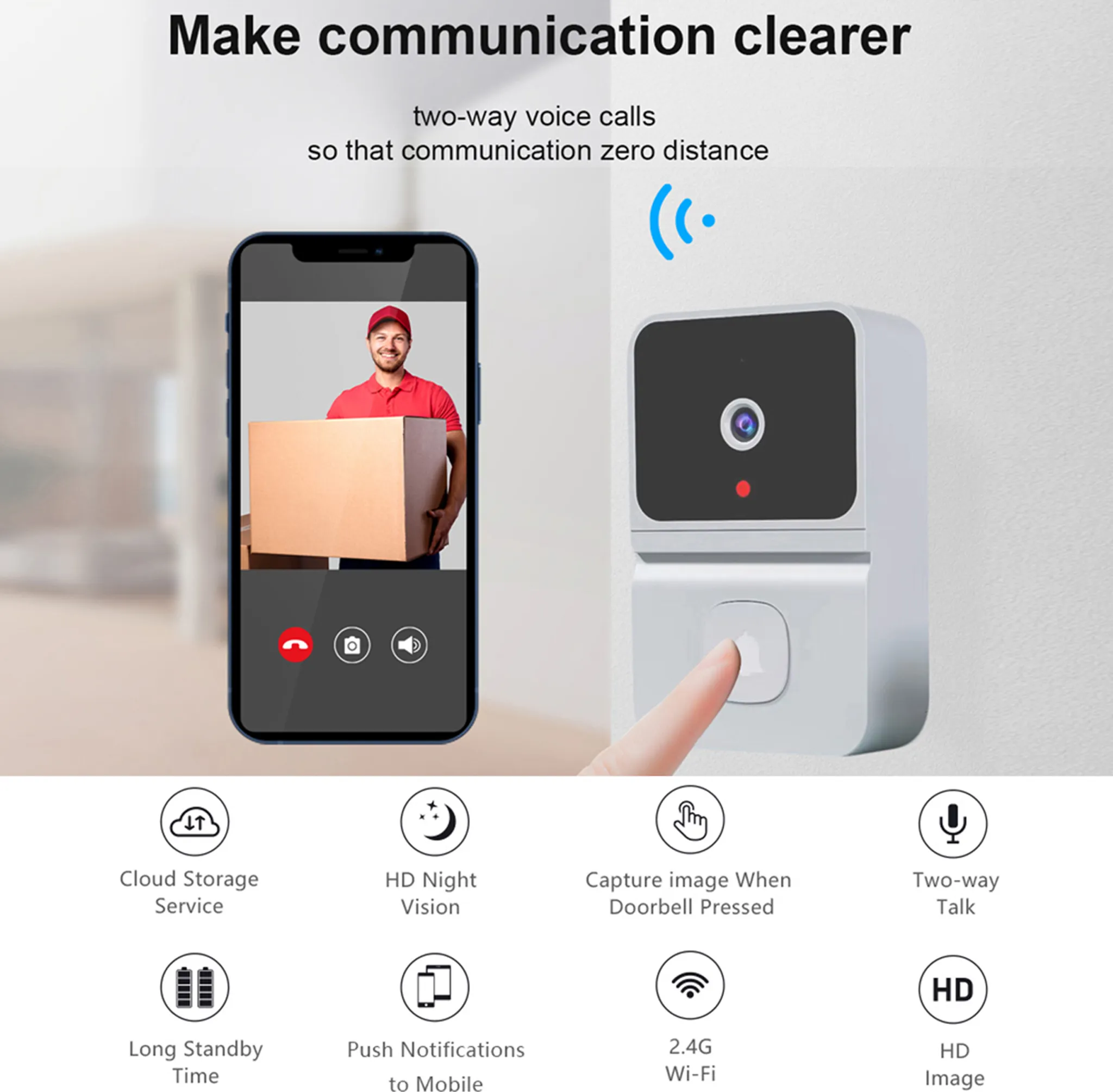 Ein Smartphone zeigt einen Lieferanten mit Paket, daneben eine Türklingelkamera.