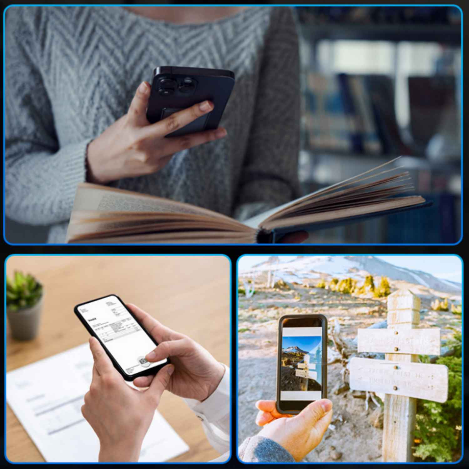 Eine Person hält ein Handy und ein Buch. Unten: Handy scannt Rechnung. Rechts: Handy fotografiert Wegweiser.