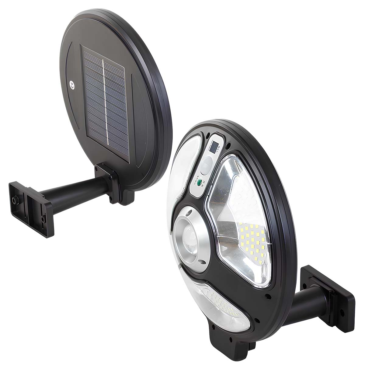 Dos luces solares negras con brazos de montaje sobre fondo blanco.