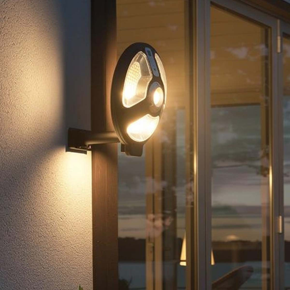 Una luz de pared ilumina una pared texturizada y una ventana con vista al agua.