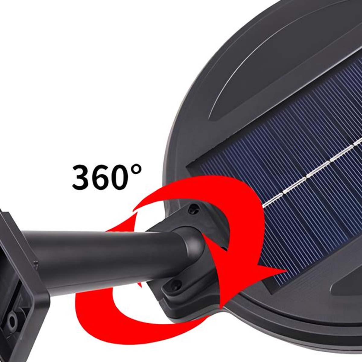 Brazo de panel solar negro con flechas de rotación de 360 grados y texto.