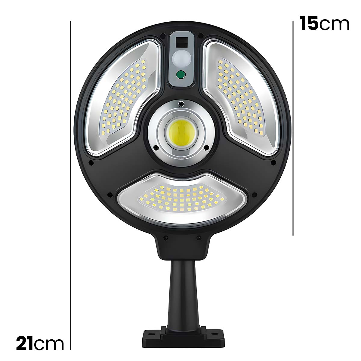 Luz solar redonda con sensor de movimiento y tres paneles.