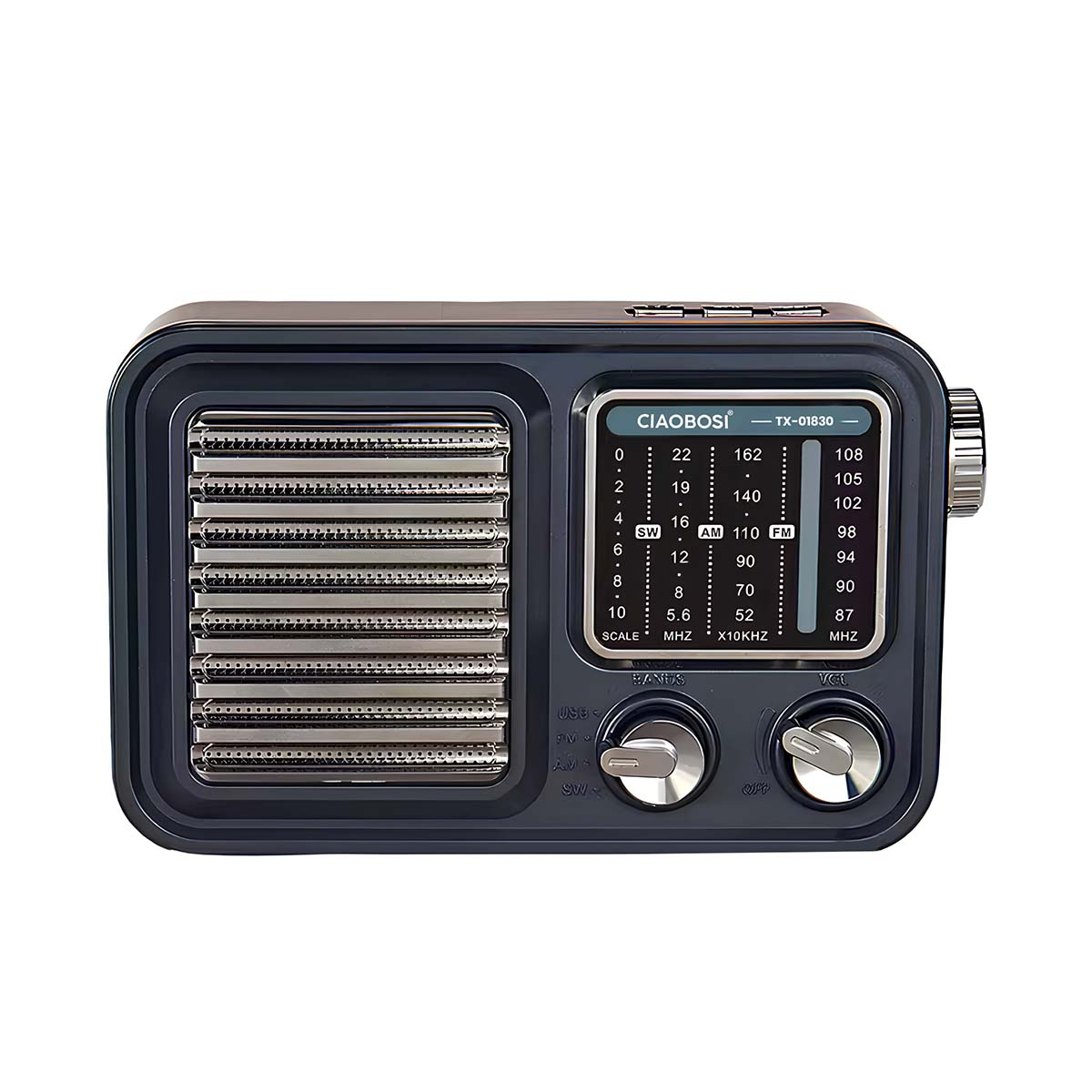 Radio rétro bleu foncé avec grilles et boutons argentés. Dispose d'un cadran.
