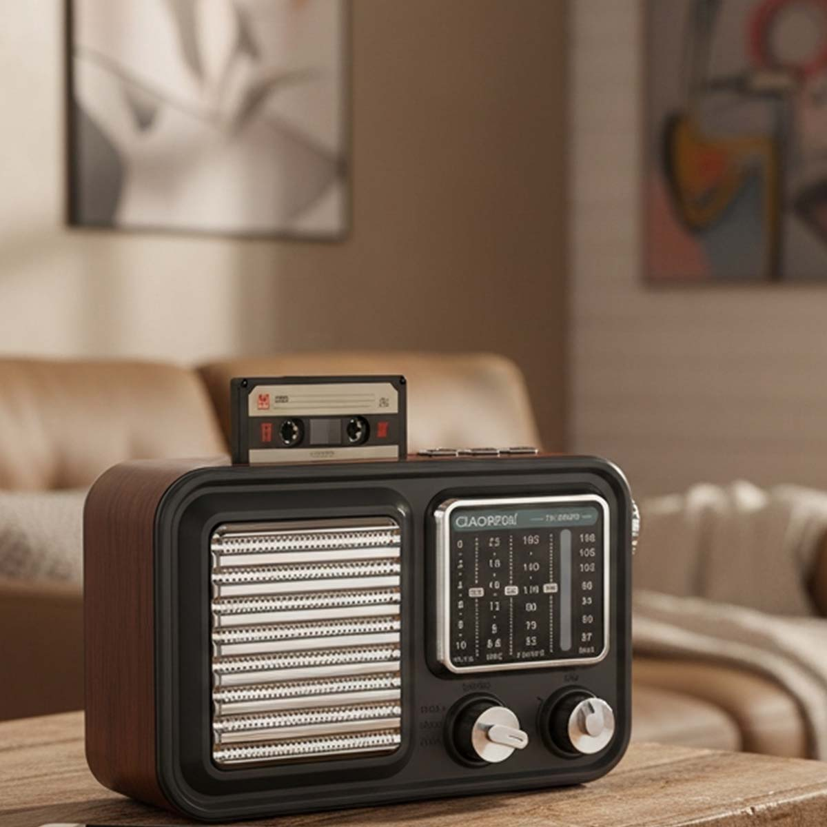 Une radio rétro avec un grain de bois et une cassette dessus.