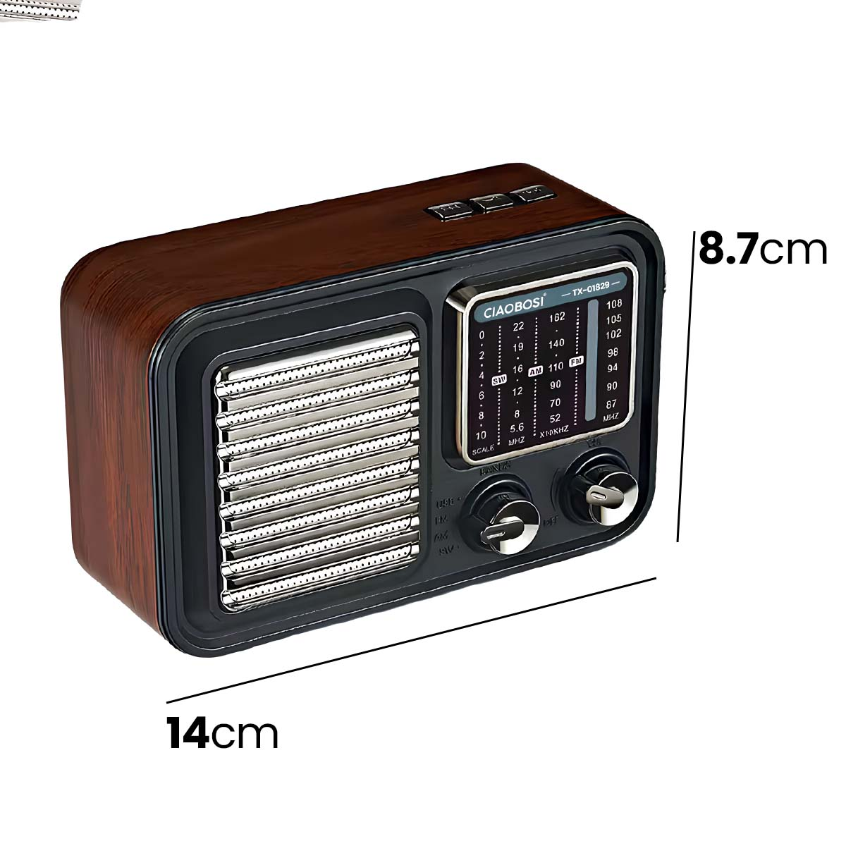 Une radio rétro marron avec une grille argentée et des boutons.