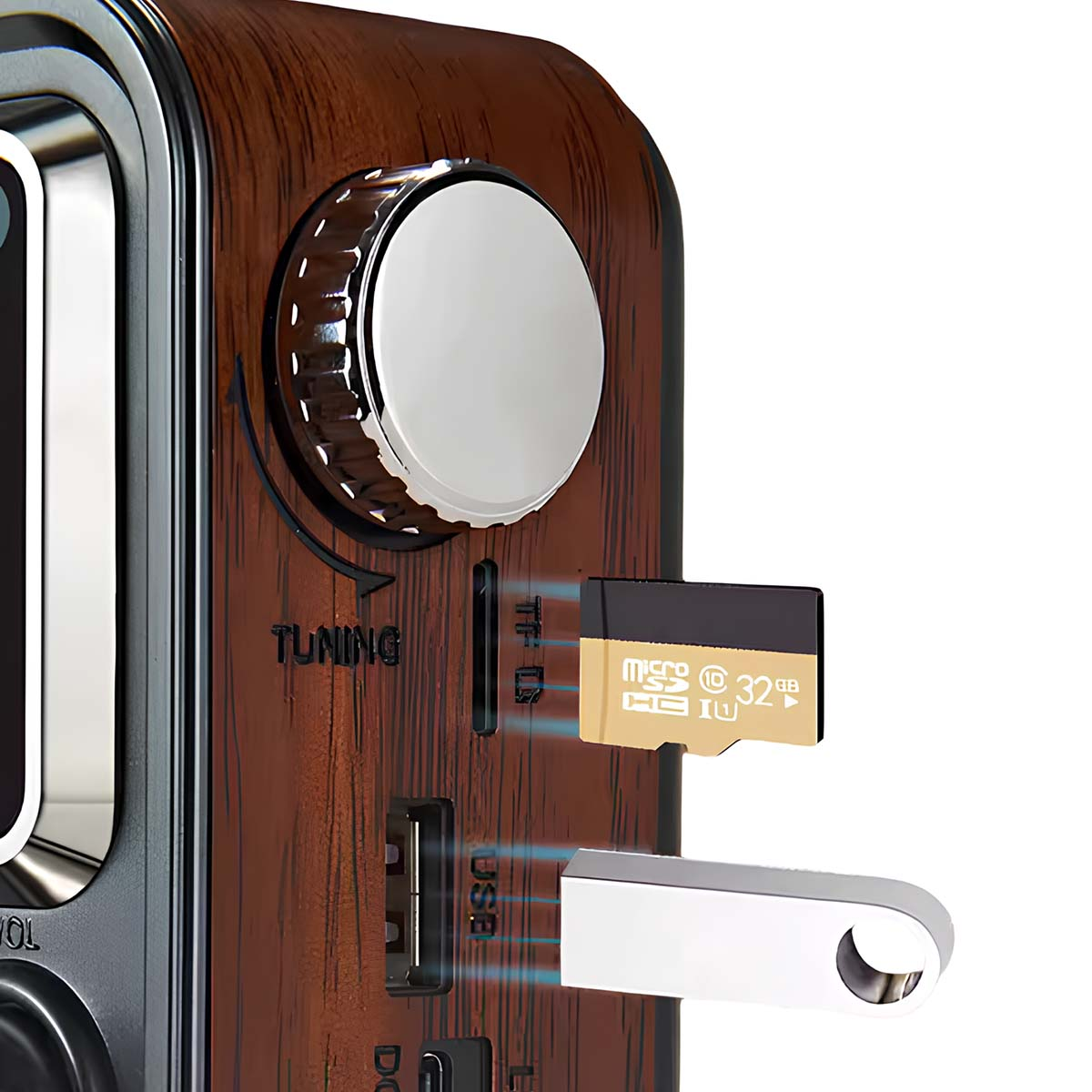 Une radio à grain de bois affichant une clé USB et une carte micro SD.