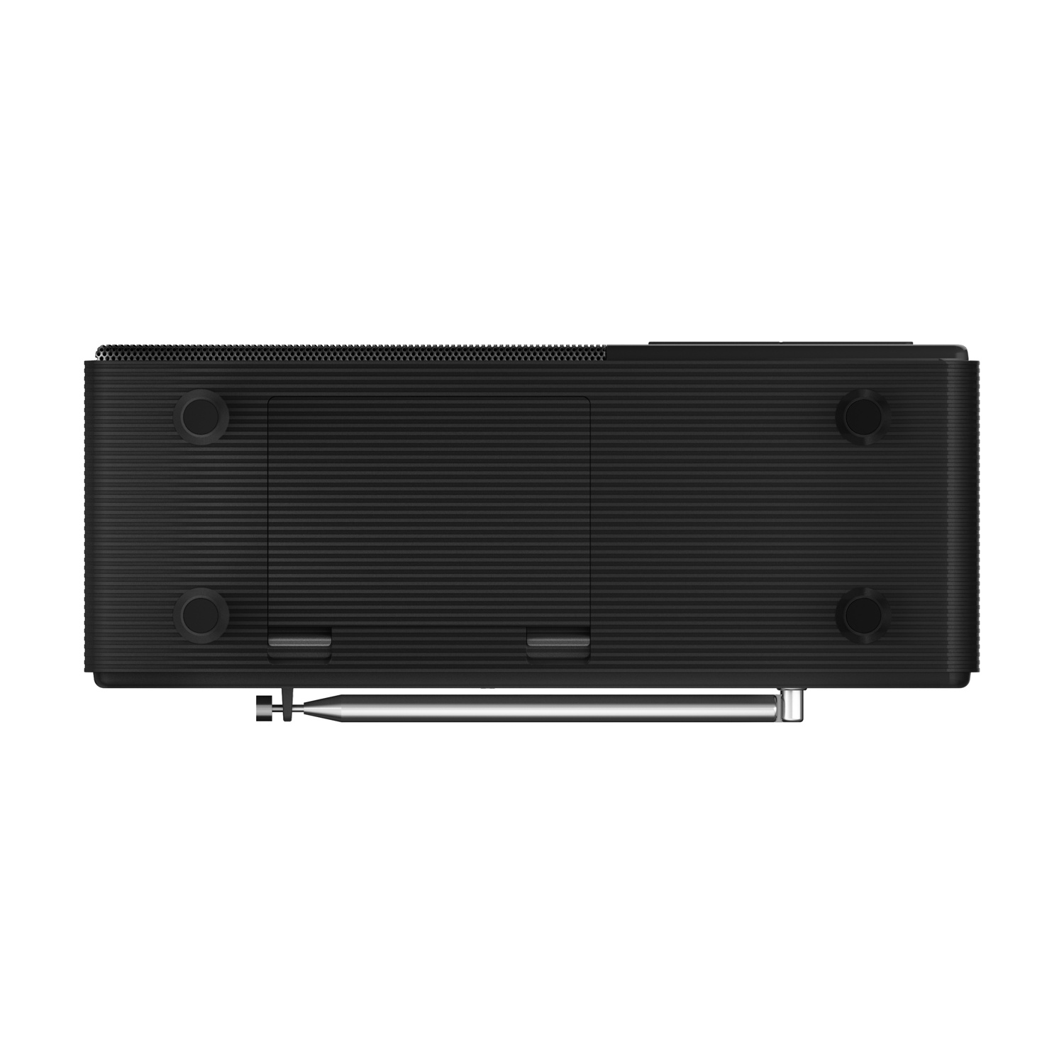 Czarna radio z wysuwaną anteną i przyciskami sterowania na dole.