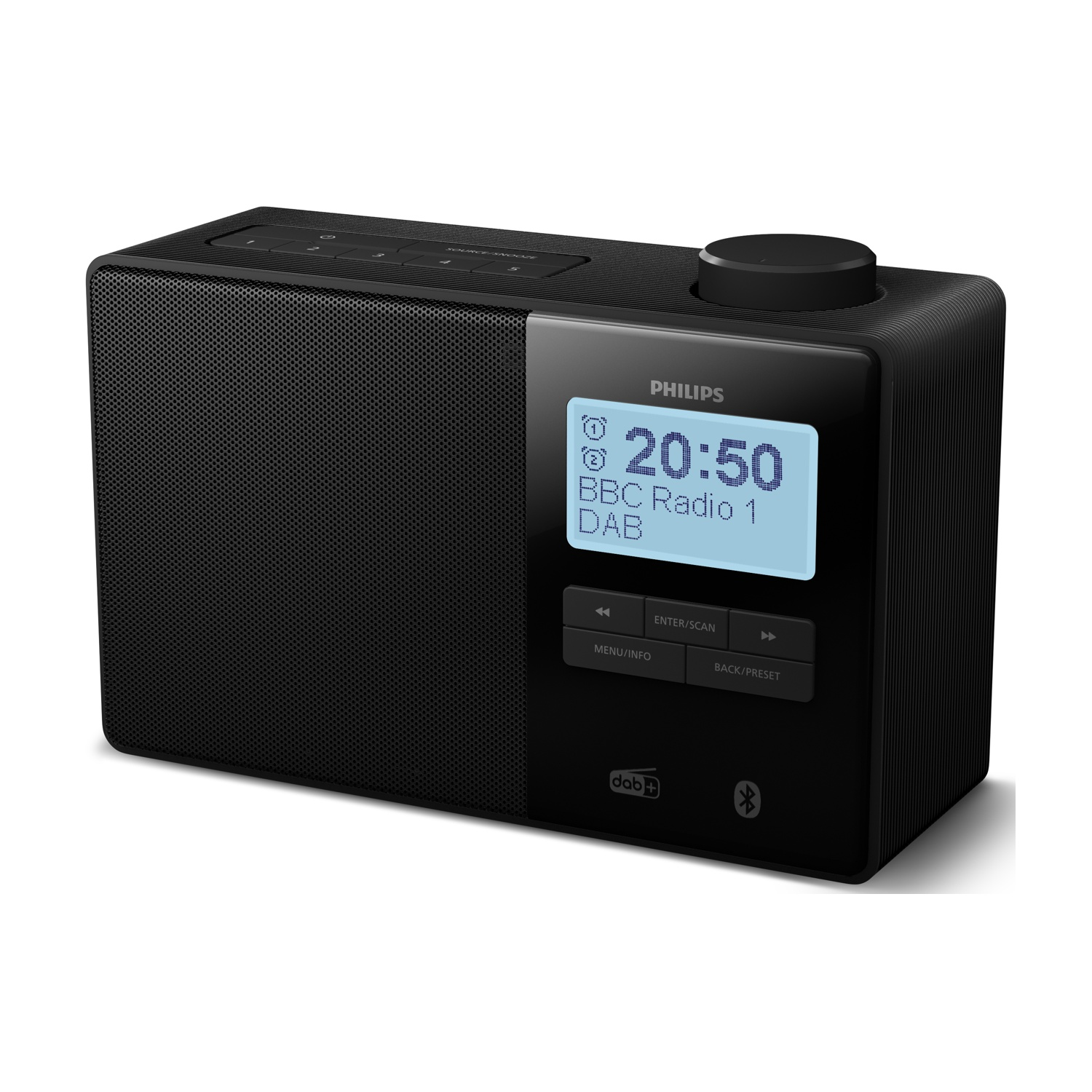 Czarno-białe radio Philips DAB+ z podświetlanym wyświetlaczem pokazującym godzinę i stację.