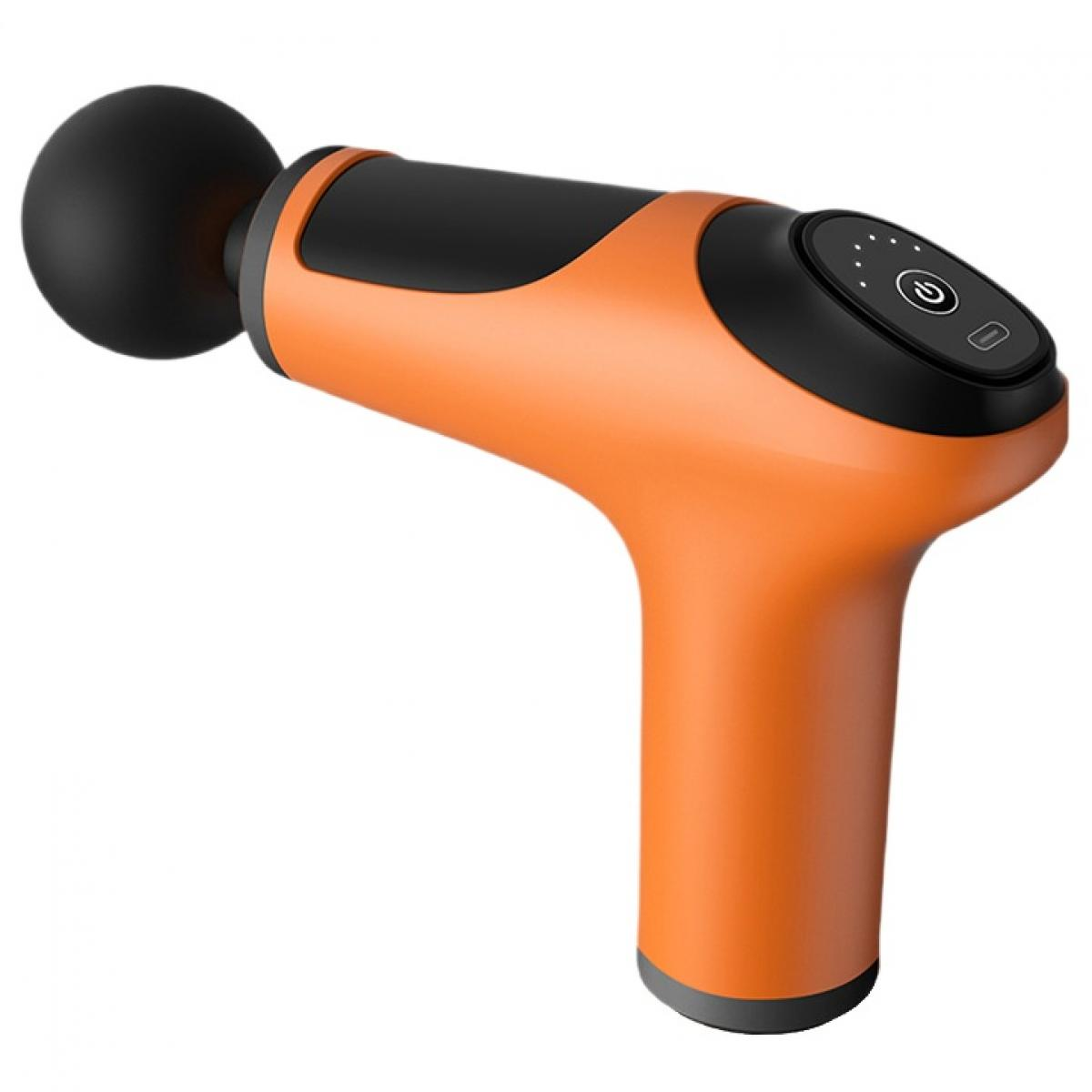 Orange Massagepistole mit schwarzem Aufsatz und Bedienfeld.