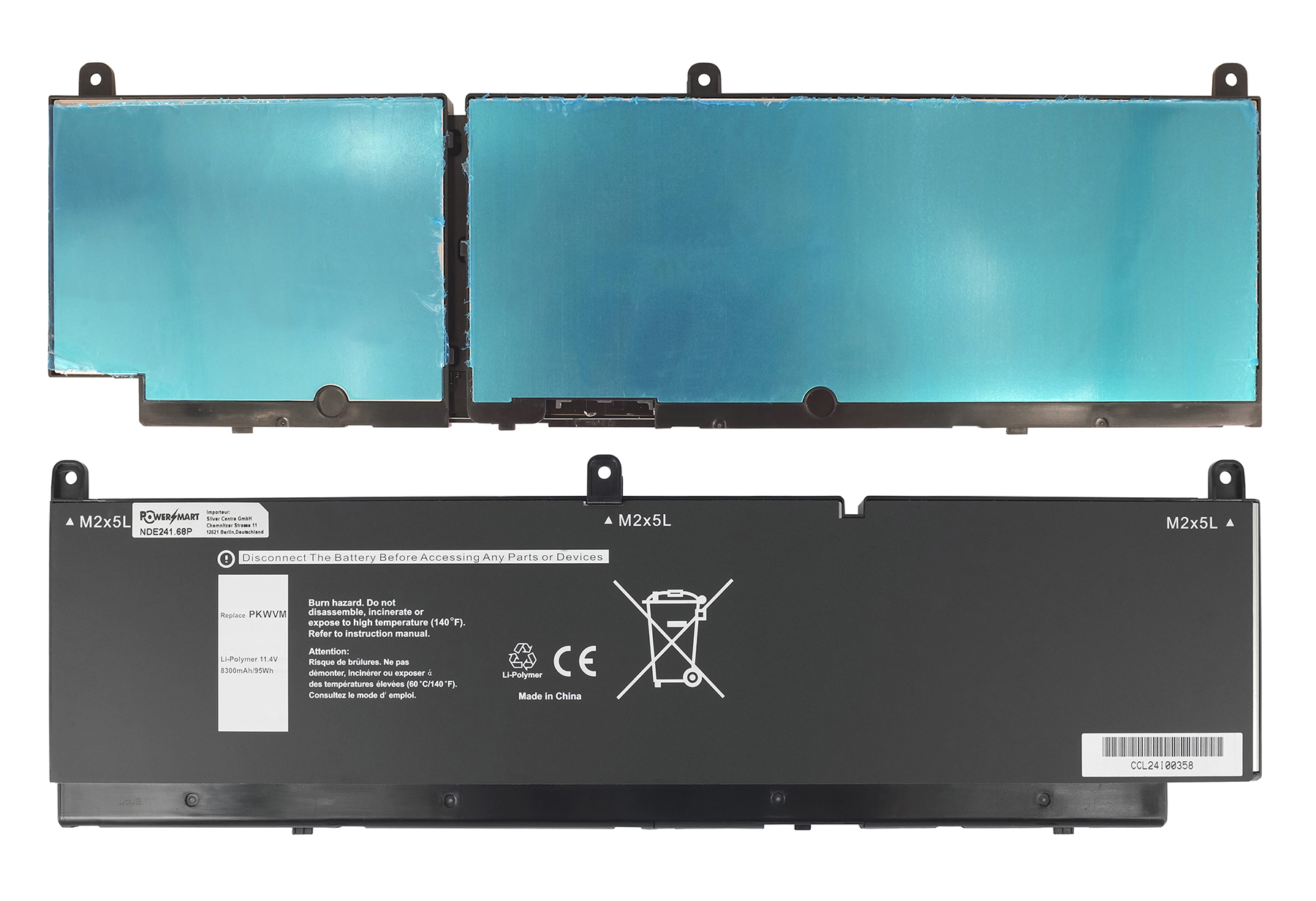 Zwei Laptop-Akkus, einer mit blauer Schutzfolie, der andere mit Beschriftung.